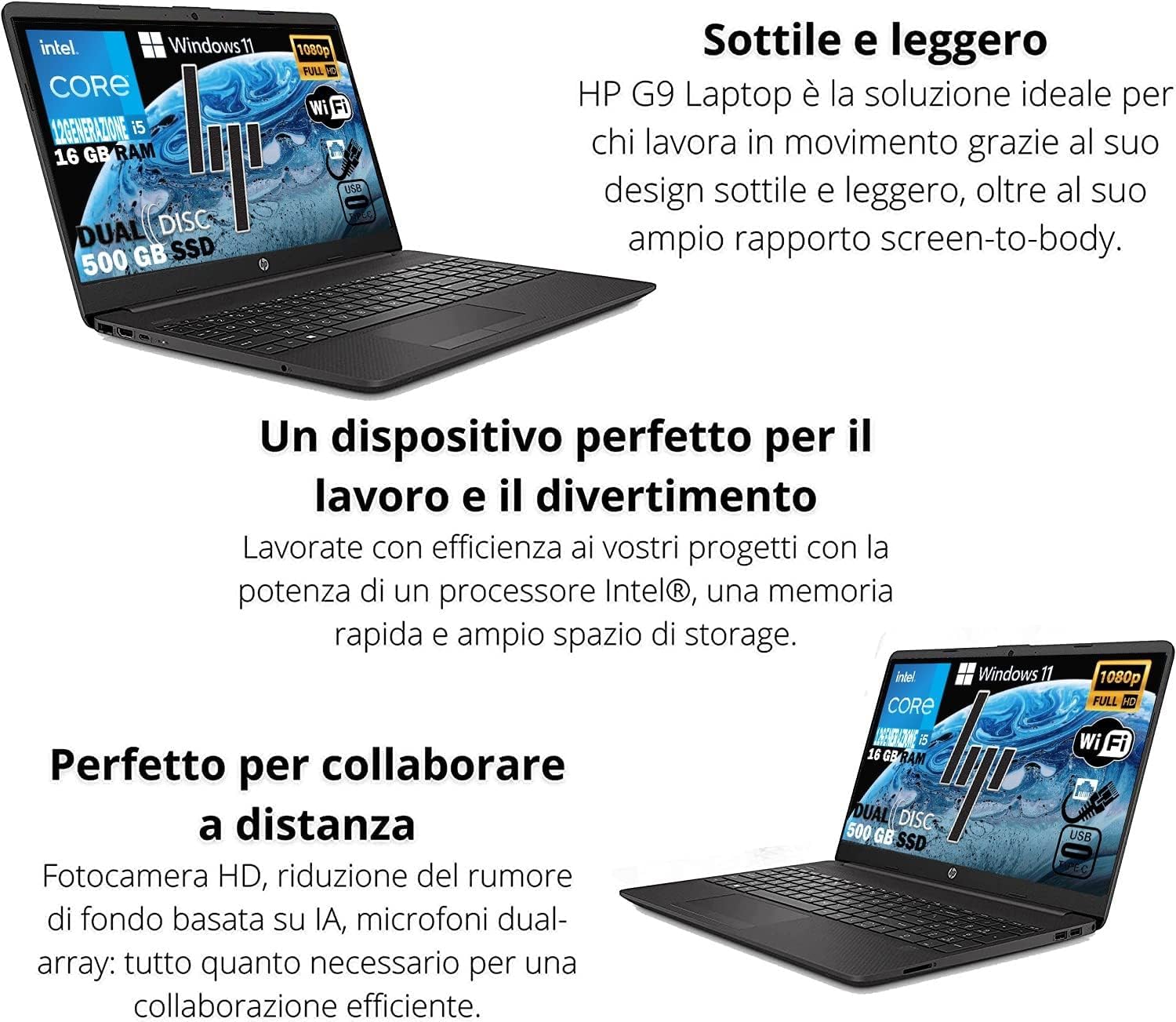 HP 250 G9 Notebook intel 10 core i5 13Th fino a 4,60Ghz, Ram 16Gb Ddr4,Ssd Nvme 512GB,Display 15.6" FULL HD,Pc portatile Windows 11