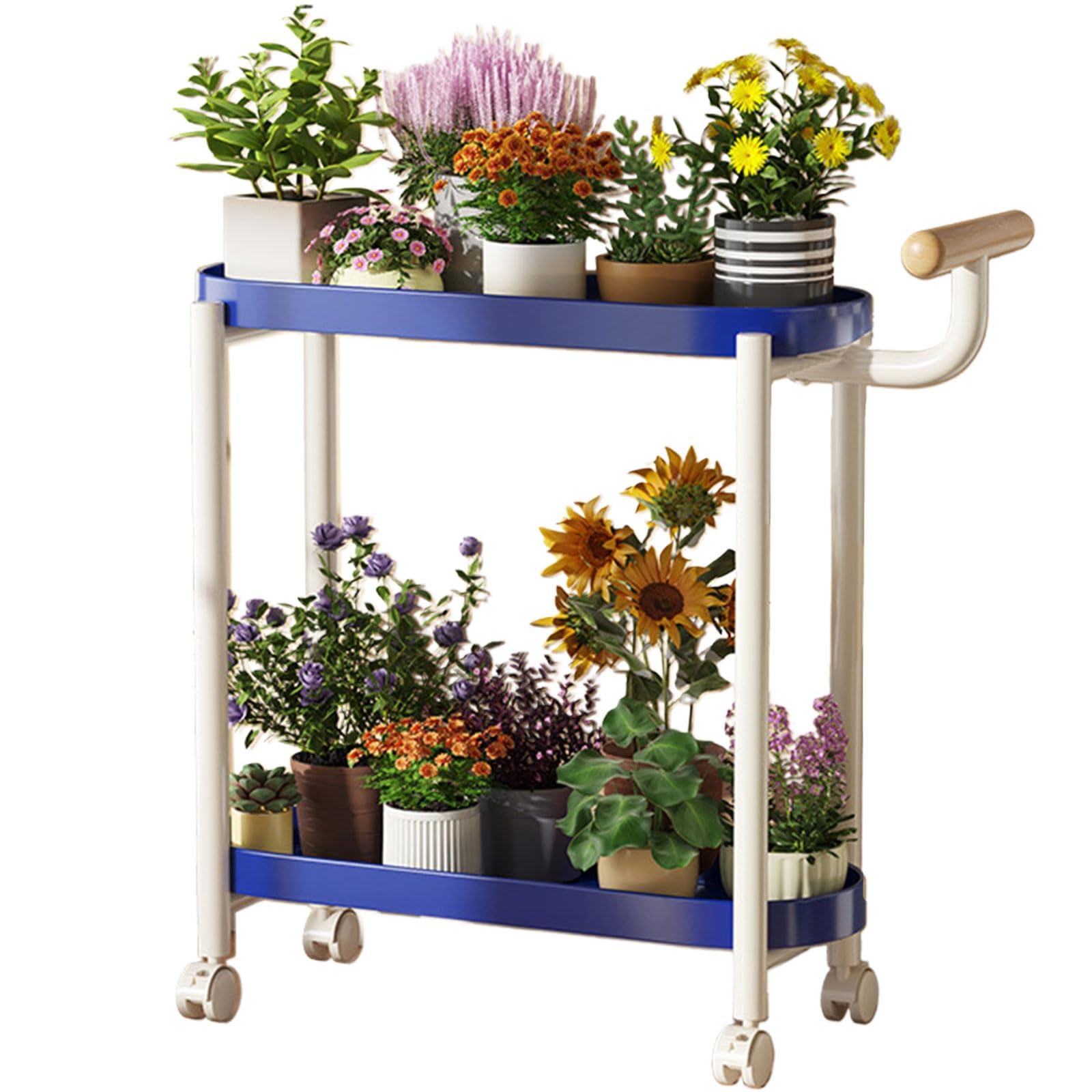 Soporte de metal para plantas de 2 niveles con asa y ruedas para organizar esquinas en el salón