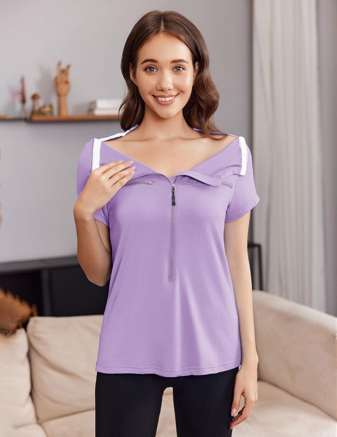 Deyeek Chemo Shirts for Port Access Women 2 Side Snap Short Sleeve Shoulder Surgery Rotator Cuff Dialysis Recovery Shirts - Image 2