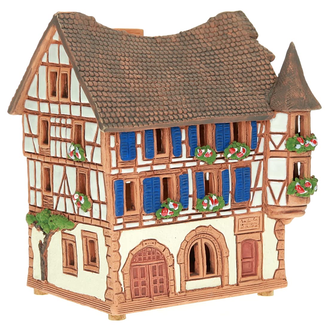 Ceramiczny domek świetlny, rękodzieło, miniaturka artystyczna, historyczny stary dom z muru pruskiego w Kaysersberg, Alzacja, B241AR