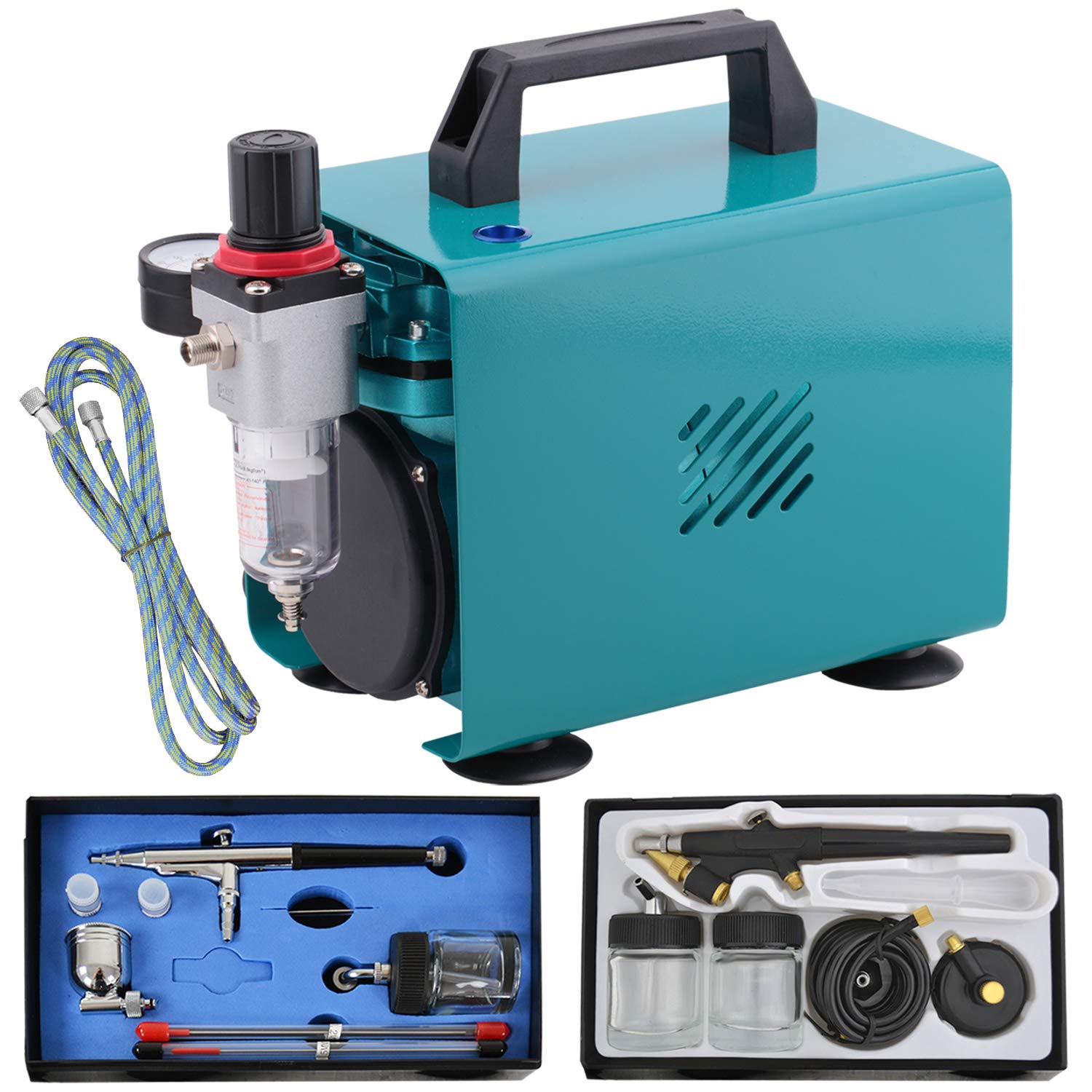 AMUR Airbrush Set Ultimate II Kit mit sehr leisem Airbrush Kompressor, Airbrush-Pistole Double-Action inkl. 3 Düsen + Nadeln + Fliesbecher + Glas, Druckluftschlauch und Single-Action-Gun