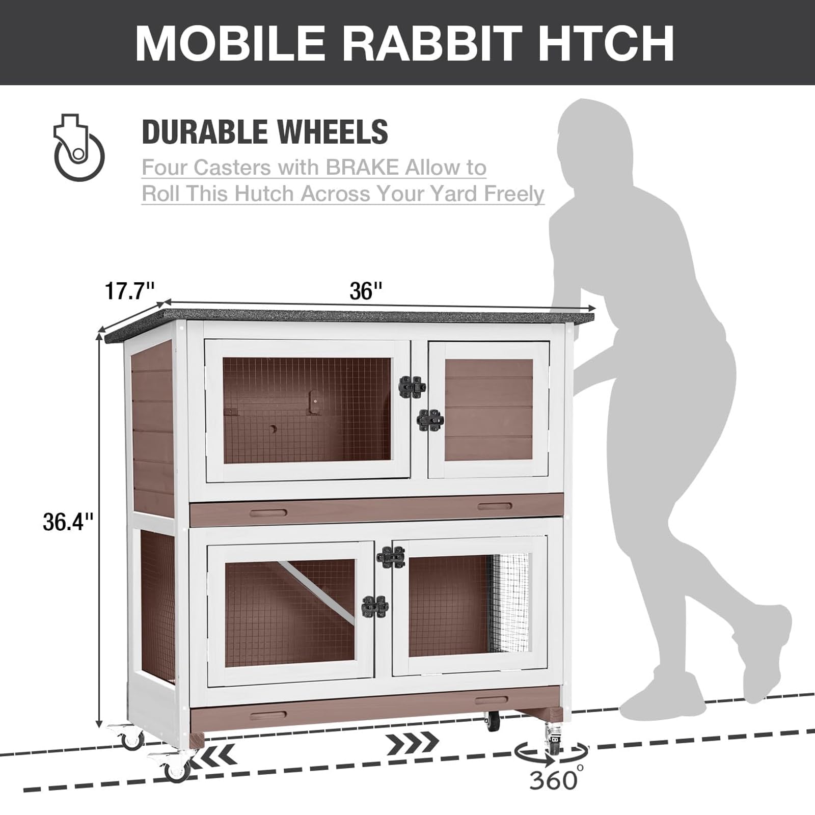 Condition photo showing New/Like New for rabbit hutch bunny cage wooden 2-story indoor outdoor small animal house with wheels, two removable trays, guinea pig cage (brown)