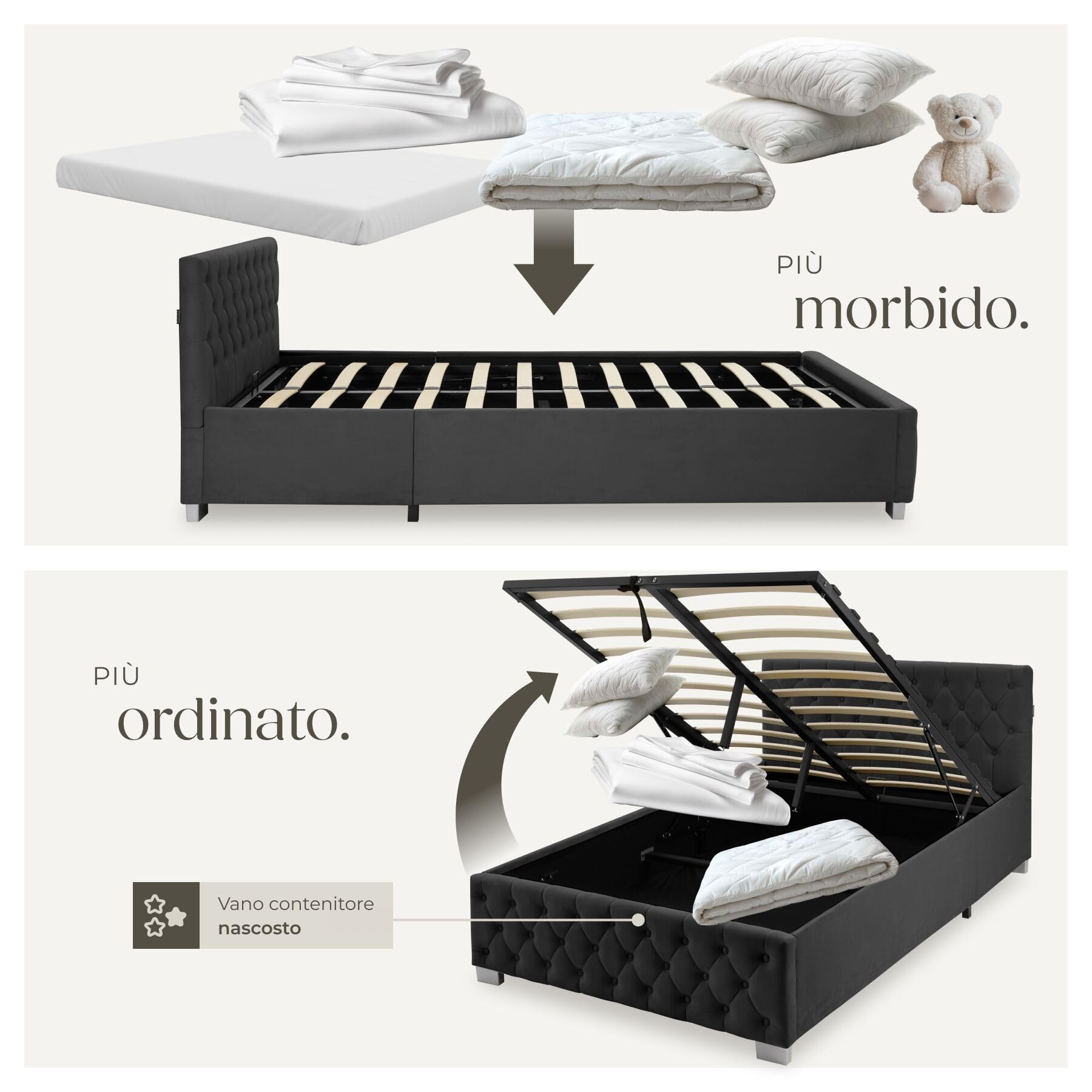 tectake® Letto Matrimoniale Imbottito con Rete a Doghe 120x200 cm, Letto Contenitore Matrimoniale e Illuminazione LED, Struttura in Acciaio, Velluto Trapuntato Chesterfield, con Telecomando - Nero