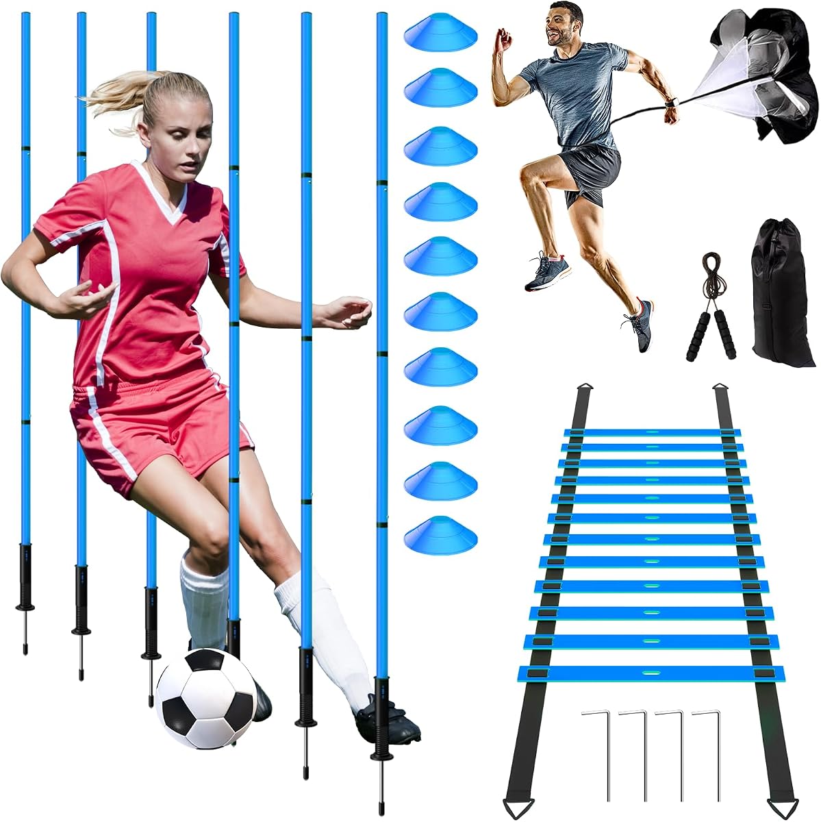 Juego de 24 piezas de equipo de entrenamiento de agilidad de fútbol, ​​postes de agilidad definitiva, escalera de conos, más para un montaje rápido y fácil portabilidad, adecuado para todos los niveles de habilidad, mejora el entrenamiento de agilidad y velocidad