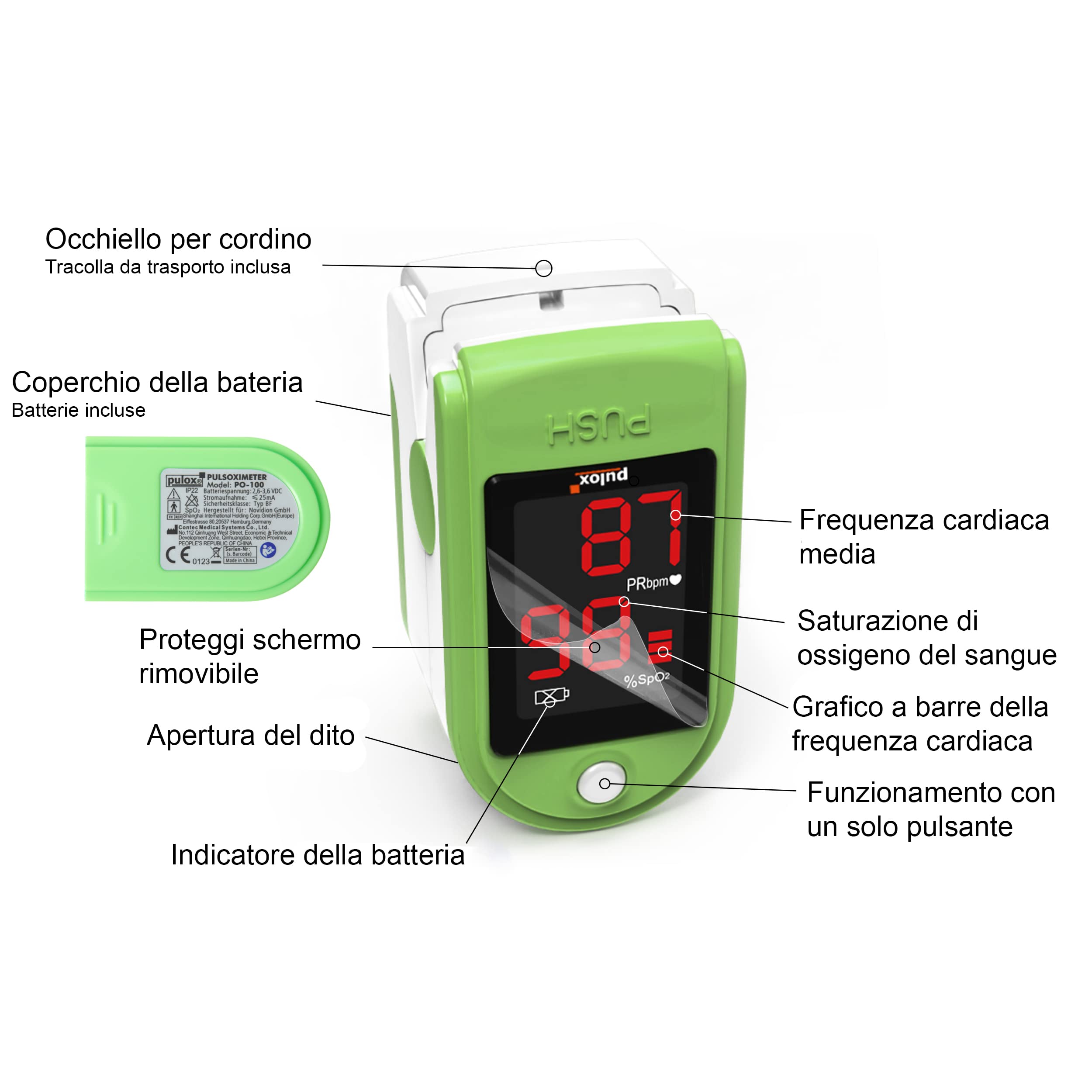 Pulsossimetro Pulox-PO-100 con display a LED saturimetro in colore verde