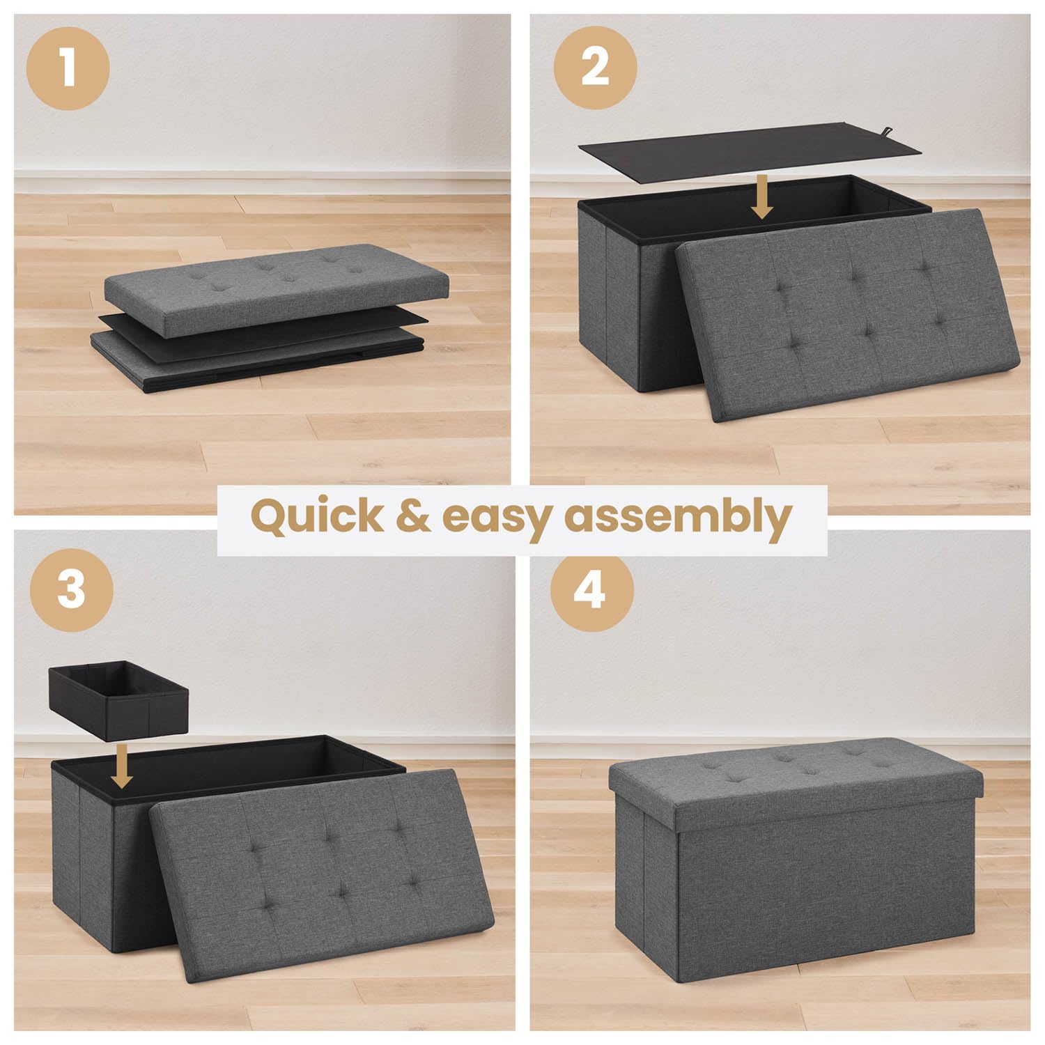 Blumtal Banc de Rangement + 2 boîtes supplémentaires - 76x38x38 cm Banc de Chambre - Gris Clair