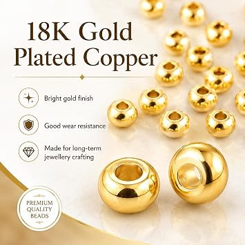 100PCS 2mm Gold Spacer Beads - 18K Gold Plated Copper Round Beads - Smooth Seamless Metal Beads for Bracelet Necklace Jewellery Making DIY Crafting [Gold]