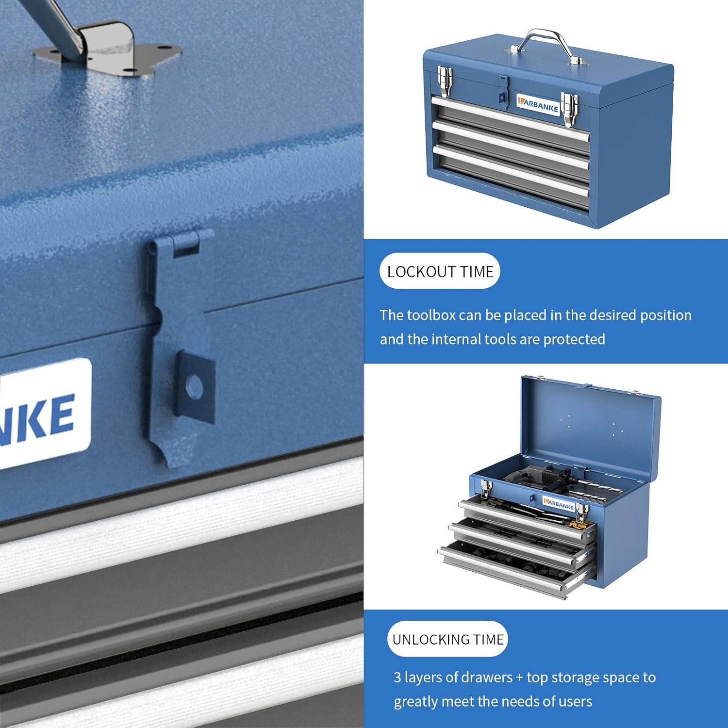 LARBANKE Portable Tool Box with 3 Drawers and Top Storage Tray, Cabinet with Steel Safety Lock, Drawer Tool Box with Ball Bearing Slides for Garages, Warehouses, Repair Shops and Homes
