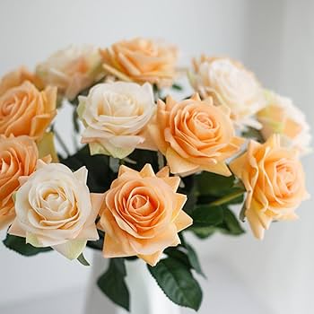 Amazon｜造花 枯れない花 アートフラワー オレンジ 5本 バラ