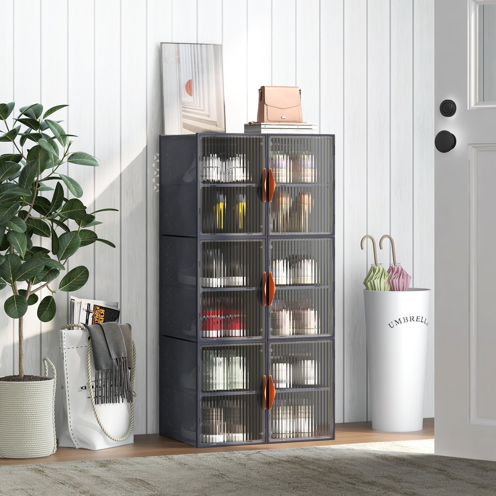 COSTWAY Schoenenboxen, set van 12 schoenenorganizer, stapelbaar van kunststof, opvouwbaar schoenenrek met deksel, schoenenopslag voor entree woonkamer, 49 x 32 x 133 cm