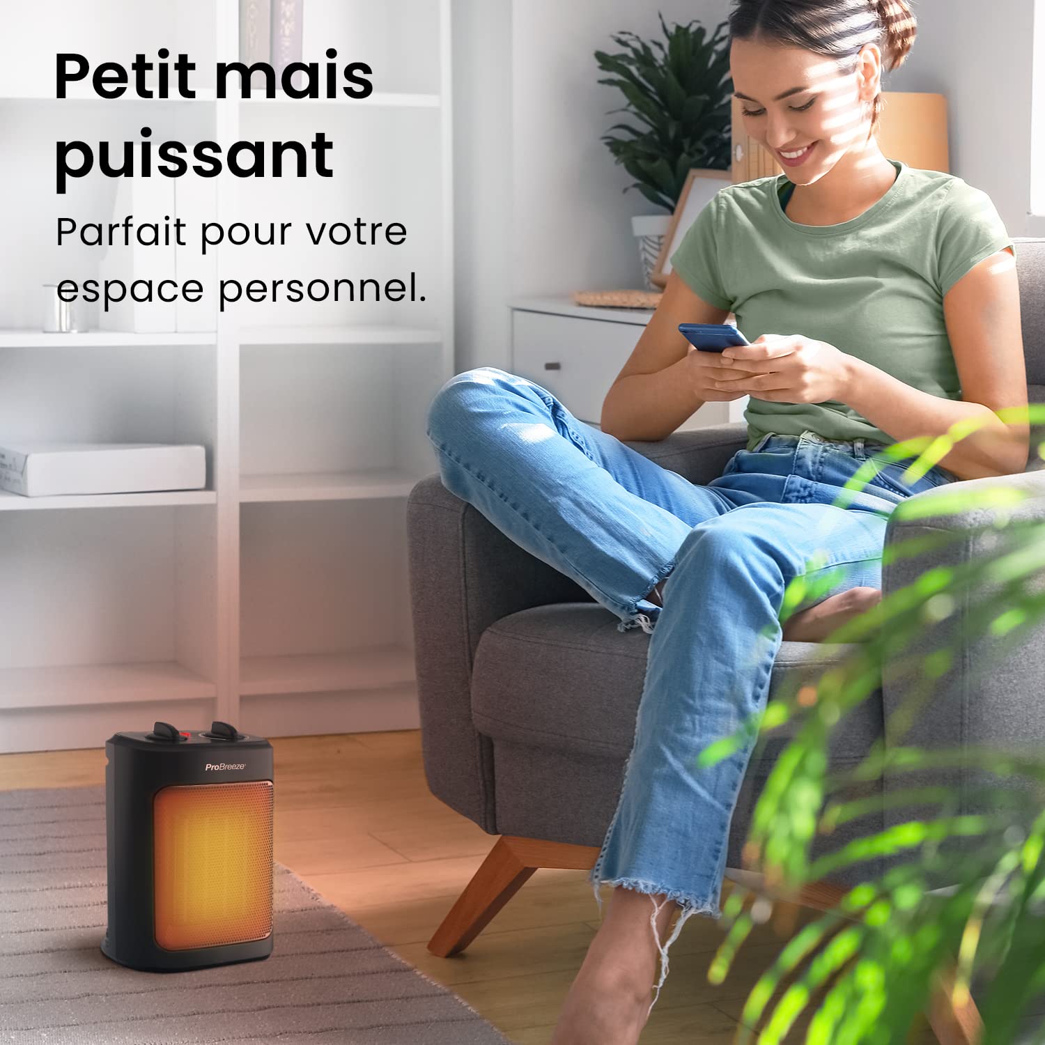 Pro Breeze Mini Radiateur Céramique 2000 W - 3 Niveaux de Puissance - Chauffage d'appoint Compact pour bureau, chambre, salon - Noir