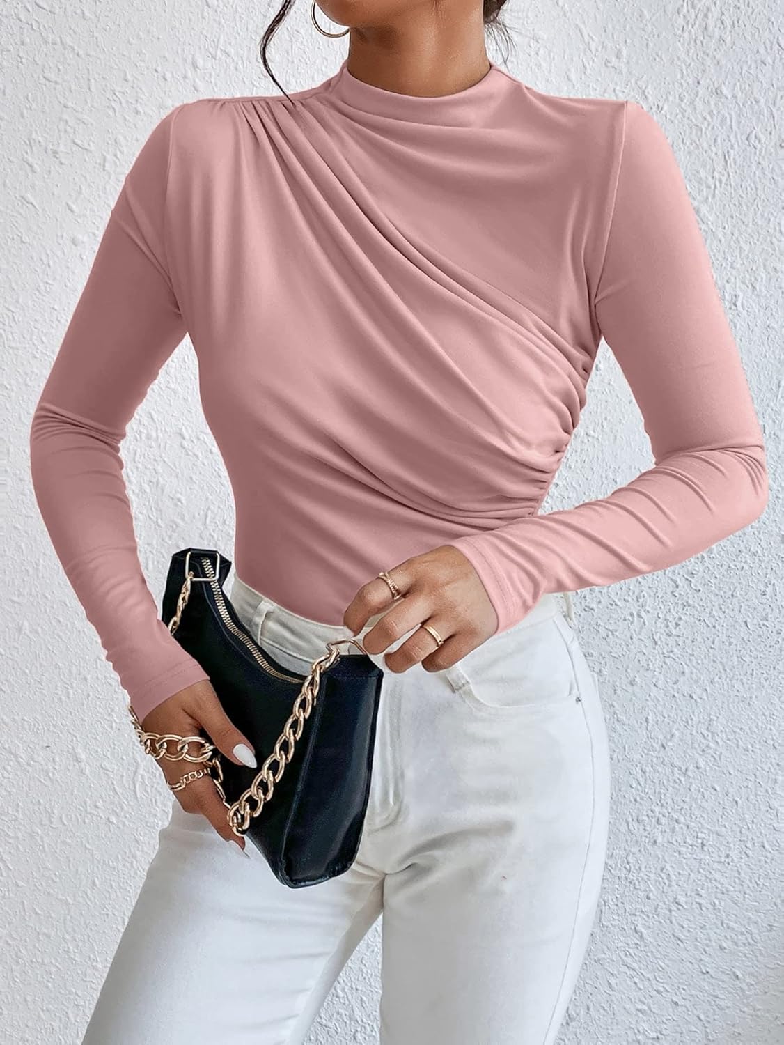 SweatyRocks Women's Bodysuit Mock Neck Casual Ruched Long Sleeve Jumpsuit - Image 6