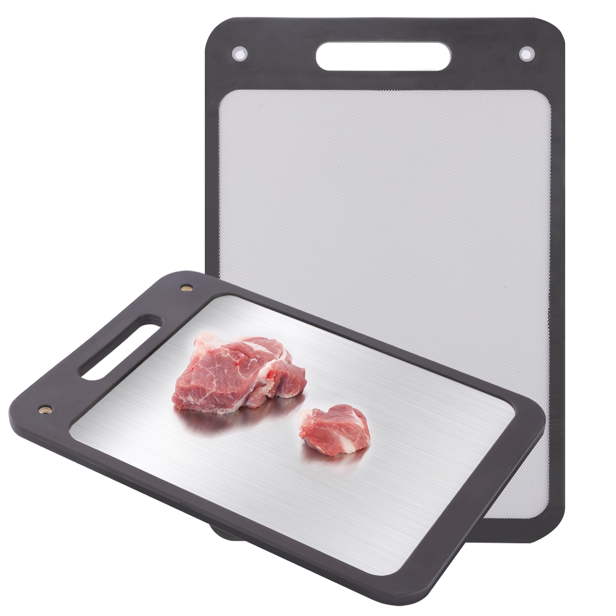 2 PCS Cutting Boards Double Sided, 304 Stainless Steel Cutting Board for Kitchen, Food-Grade, Stainless Steel and Wheat Straw PP (16.1'' x 10.7'', 13.8'' x 9.8'')