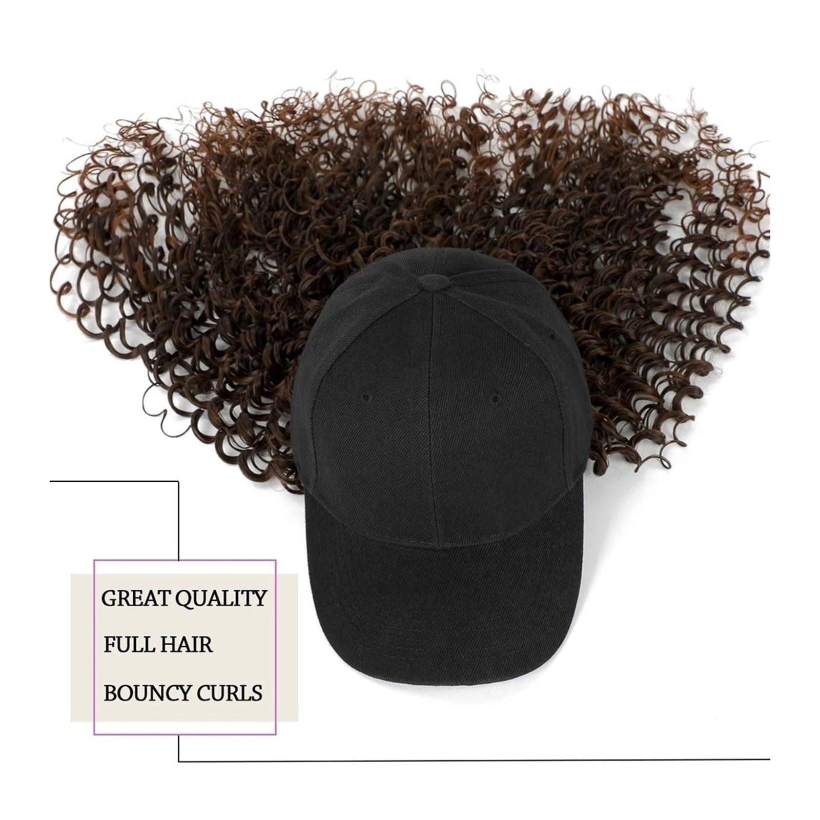 Wig Cap Sombrero de pelo sintético rizado Peluca Pelucas negras largas Conectar con gorra béisbol Sombreros peluca for mujeres(2)