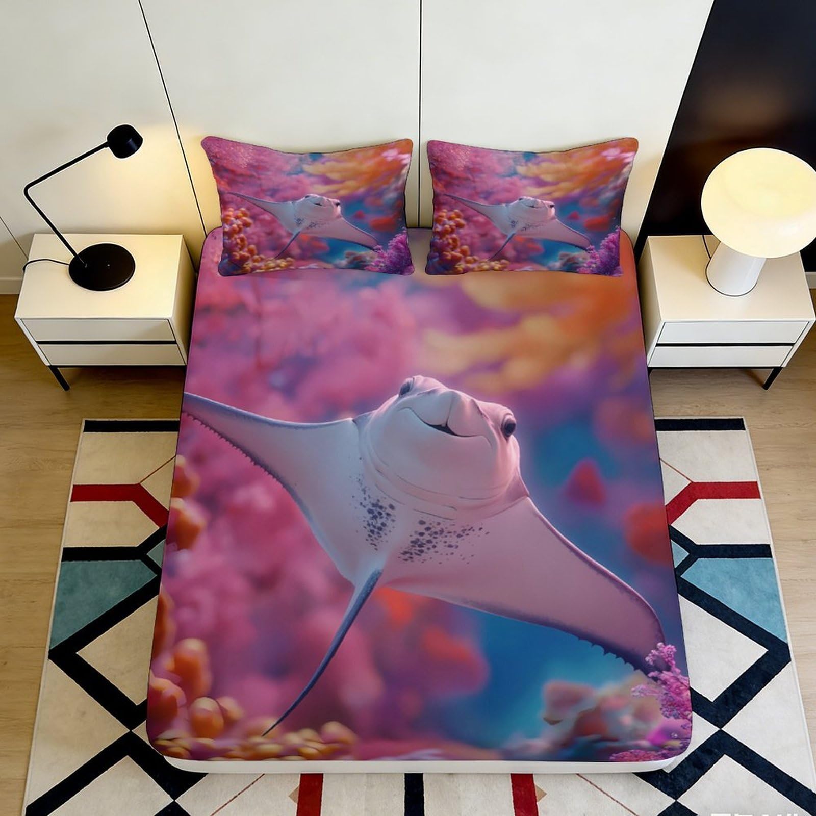 Jqzkxnhpbr Style-6 3D Printed Ocean Manta Ray Fitted Sheet Microfiber Soft Pink Coral Bed Cover For Bedroom Guest Room Dorm Decor 90X200x25cm