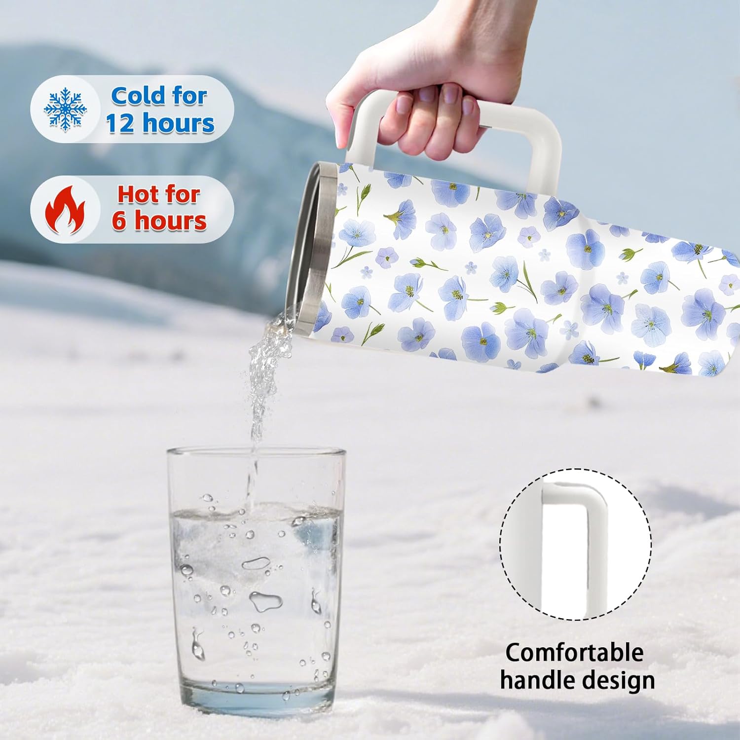 Aesthetic Blue Flower Themed Tumbler 40oz with Handle and Straws, Leak - proof, Stainless Steel Insulated Travel Coffee Mugs for Women, Gifts Birthday Cup - Image 4