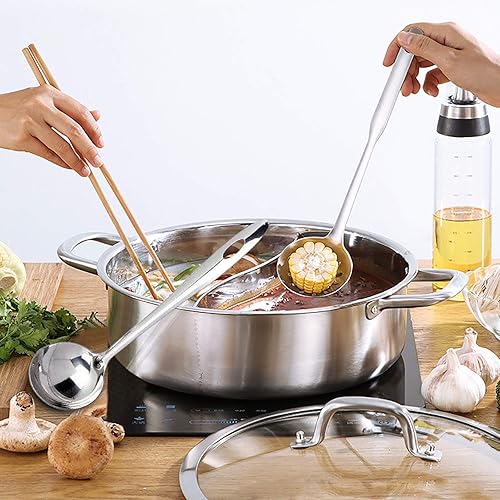 Miniatura 3 de Olla Shabu con divisor de doble cara, olla de acero inoxidable para sopa con cuchara, herramienta de cocina (12.6 in)