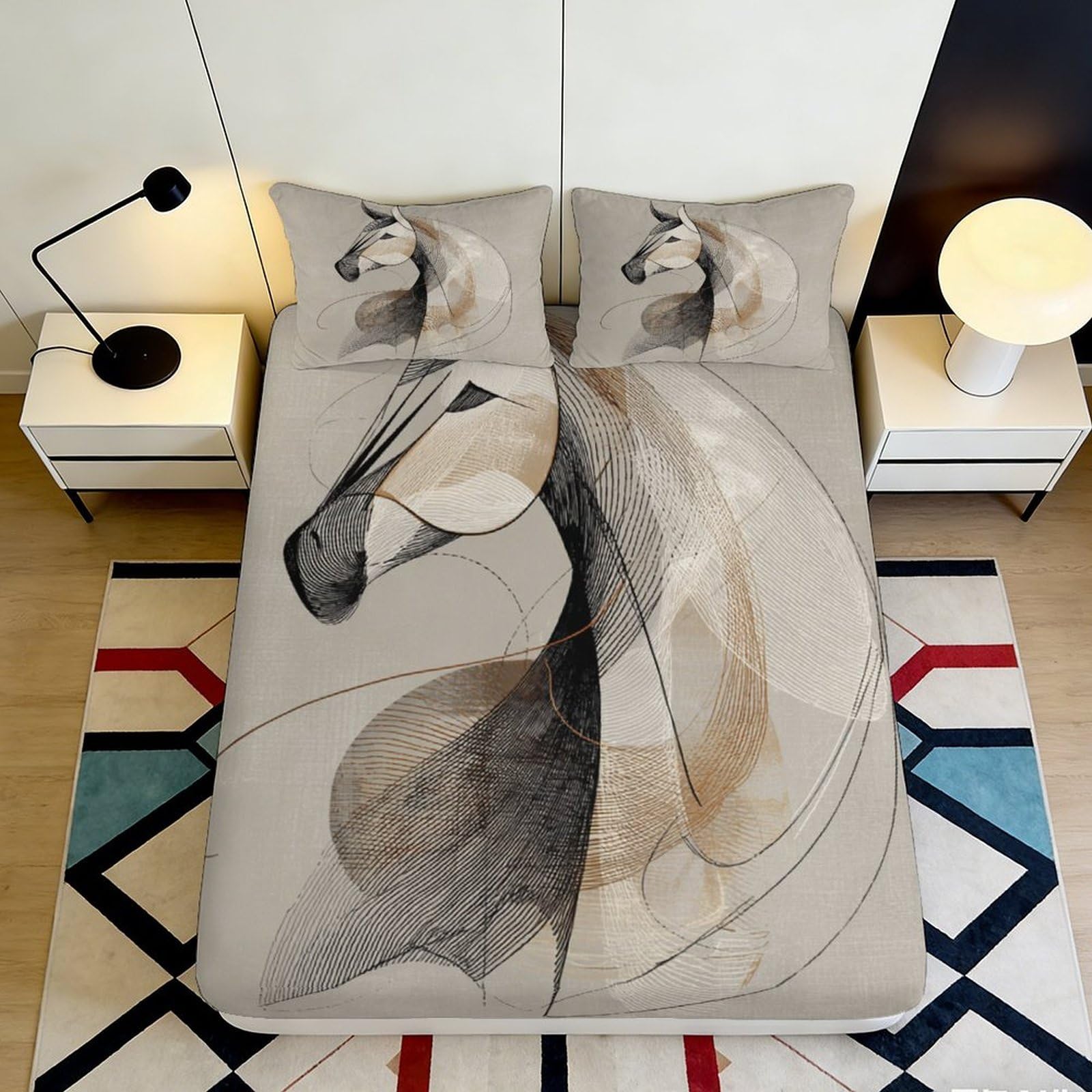 Pnayamiorkfel Style-8 3D Printed Abstract Horse Fitted Sheet Microfiber Soft Breathable Artistic Line Drawing Bed Cover For Bedroom Guestroom 90X200x25cm