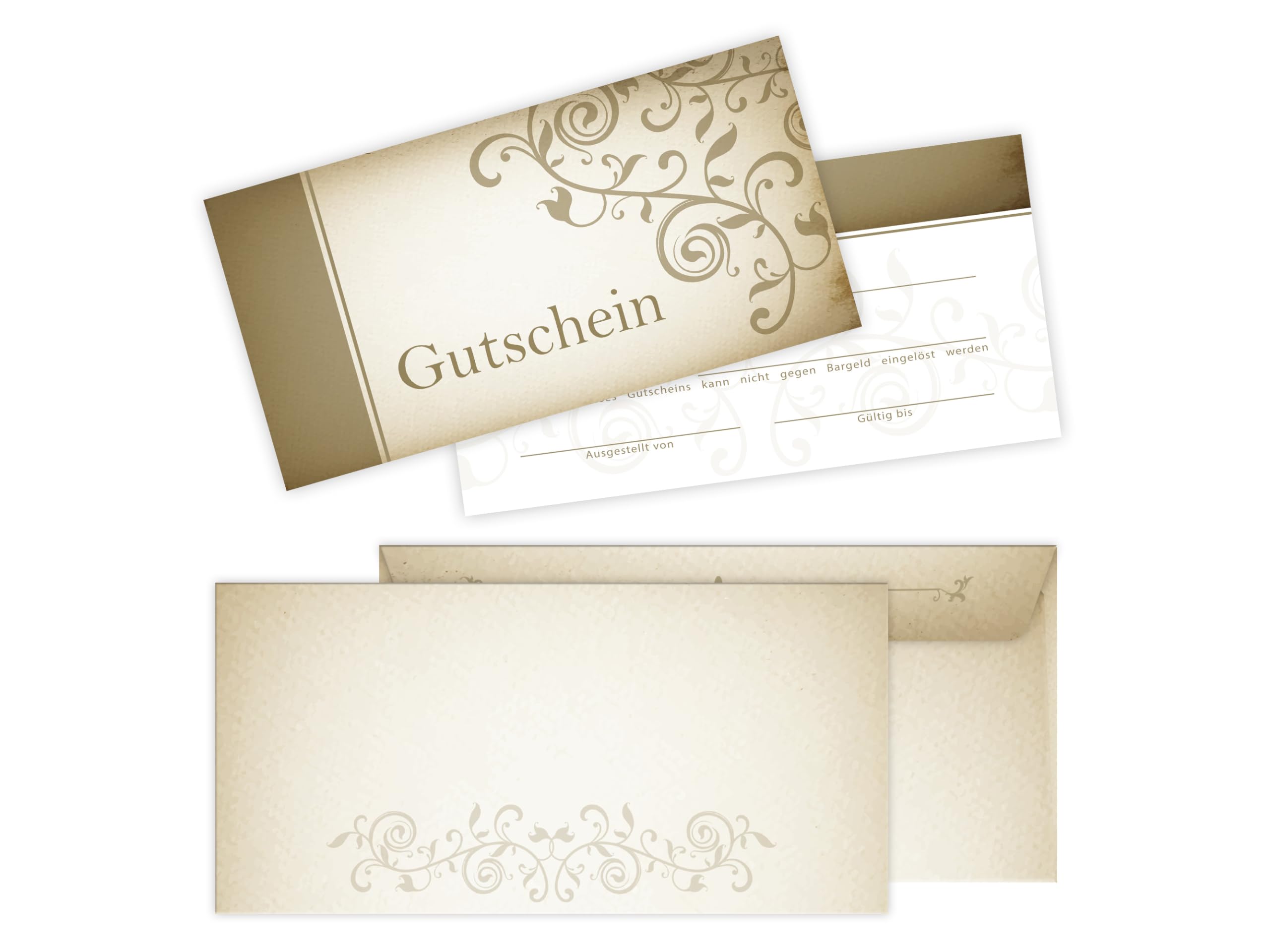 250 Gutscheine DIN lang (21x10,5 cm)+ 250 Kuverts DIN lang (22x11 cm) Design Motiv Vintage Papyrus Altes Papier Gutscheine zum Ausfüllen Gutschein Geschenk Karte Massage Wellness Kosmetik Spa Beauty