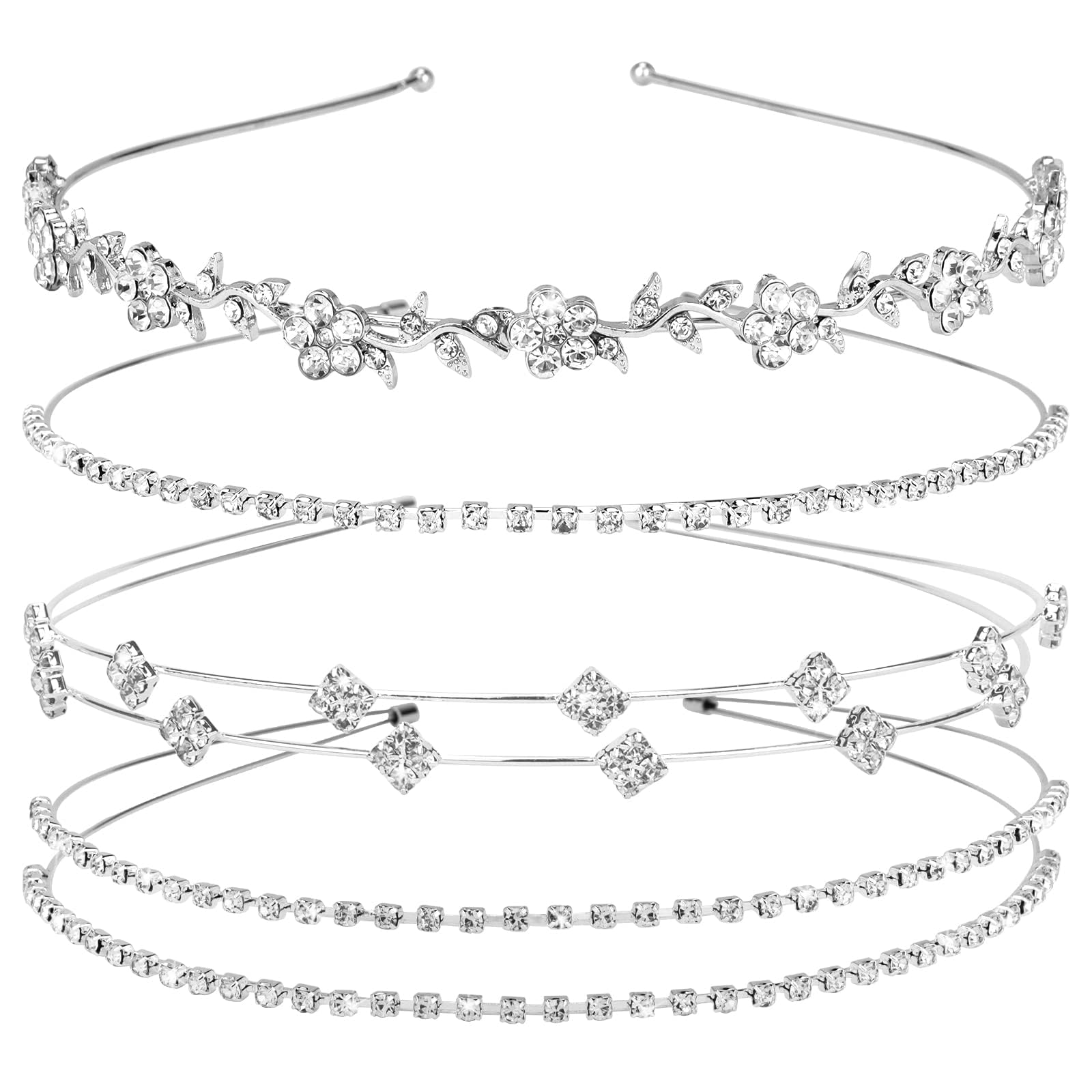 Strass Cerchietti, 4 PCS Cerchietto Sposa con Strass, Cerchietto Capelli Donna Elegante, Metallo Cerchietto per Capelli a Doppio Strato, Cerchietto Capelli, per Damigelle Compleanno Nozze