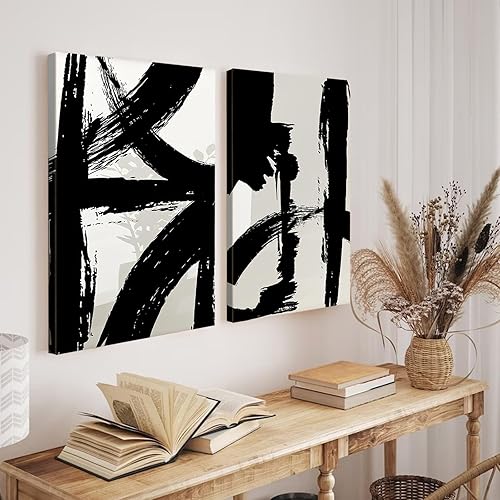 Miniatura 4 de Lienzo de pincelada en blanco y negro, arte de pared, moderno, abstracto, minimalista, línea de tinta, pintura, pintura geométrica de mediados de