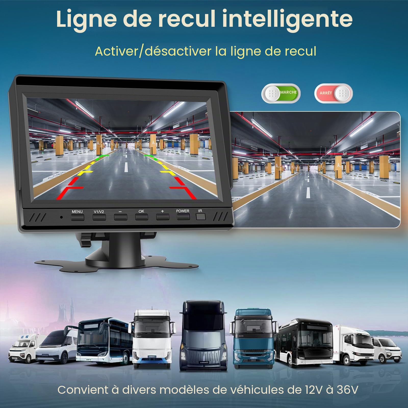 Hodozzy Caméra de Recul Kit, Ecran 7 Pouces HD Moniteur Filaire avec 2 Cameras Etanches Vision Nocturne Double Camera de Recul pour Voiture Filaire avec DVR pour Camion/Fourgon/Camping Car/Remorque
