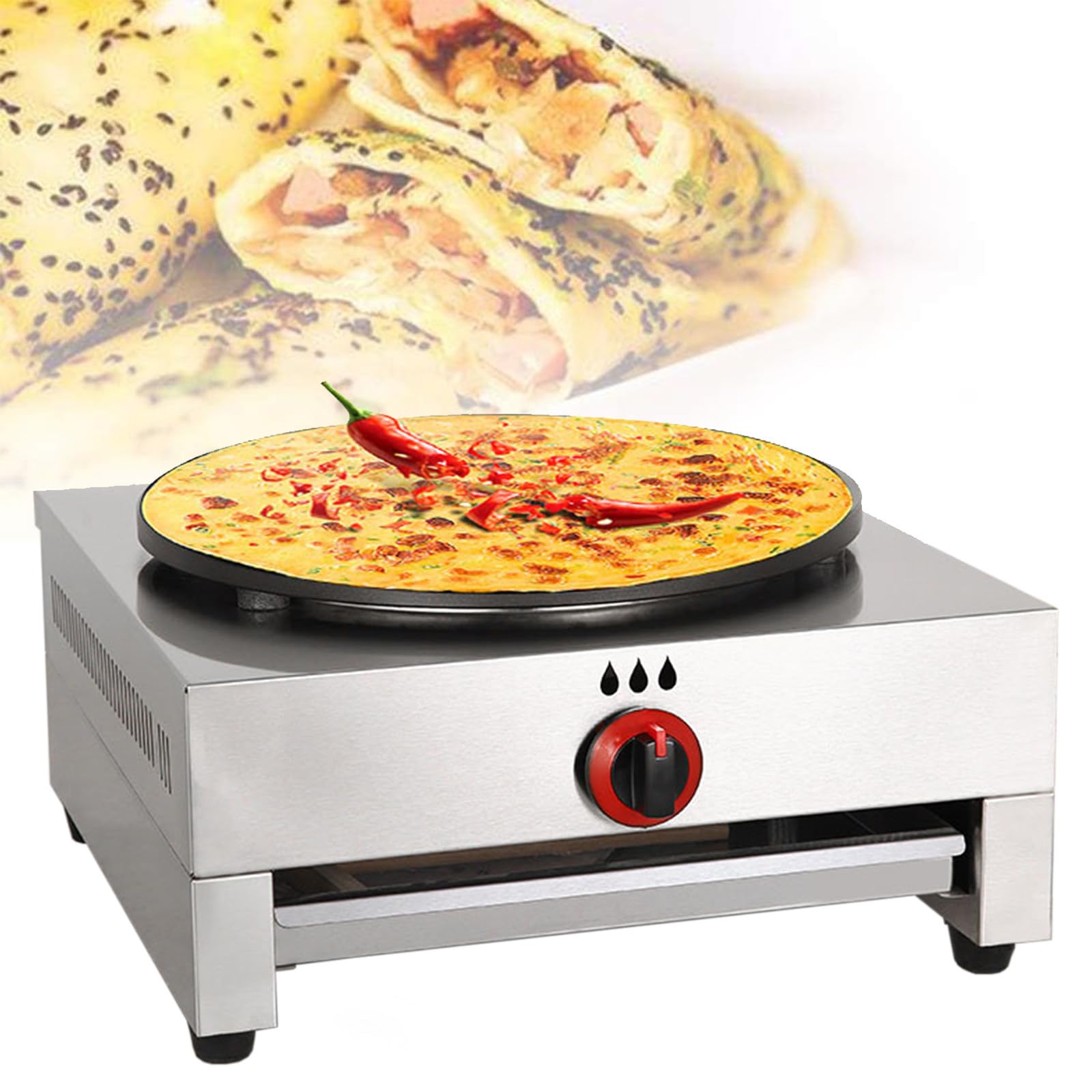 Sartén comercial para hacer crepes a gas, estufa antiadherente de 16 pulgadas, plancha para panqueques con ajustes de temperatura ajustables, cocina crepes tocino, roti, tortillas y panqueques