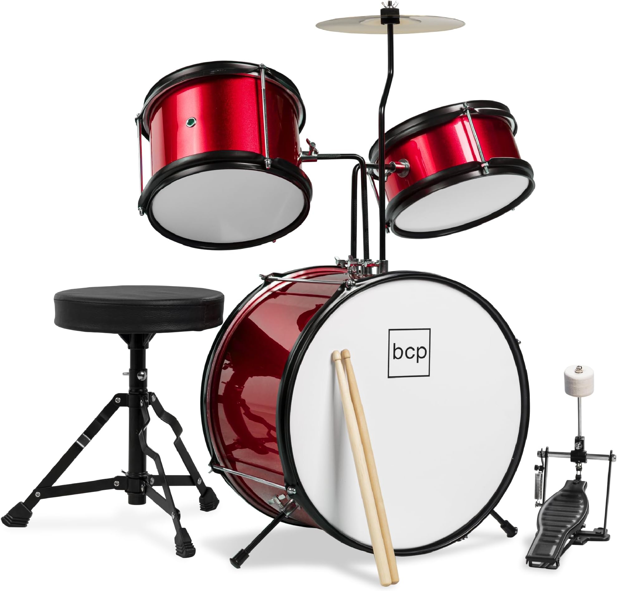 Best Choice Products 3-Piece Beginner Drum Set for Kids Juniors, w/Throne Stool, Cymbal, Drum Sticks, Bass Drum Pedal, 2 Toms - Red