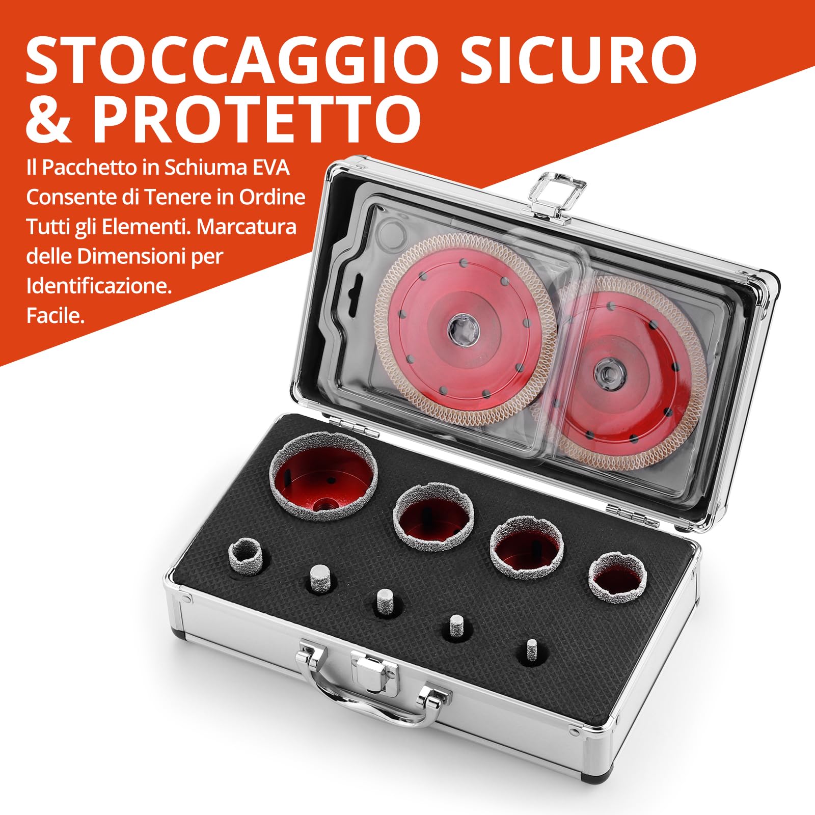 GETLITOOL Set Punte Diamantate 11 Pezzi per Smerigliatrice Angolare M14, Taglio Asciutto/Bagnato per Piastrelle, Marmo, Granito, con 9 Punte 6-68mm, 2 Dischi Diamantati 125mm e Valigetta in Alluminio
