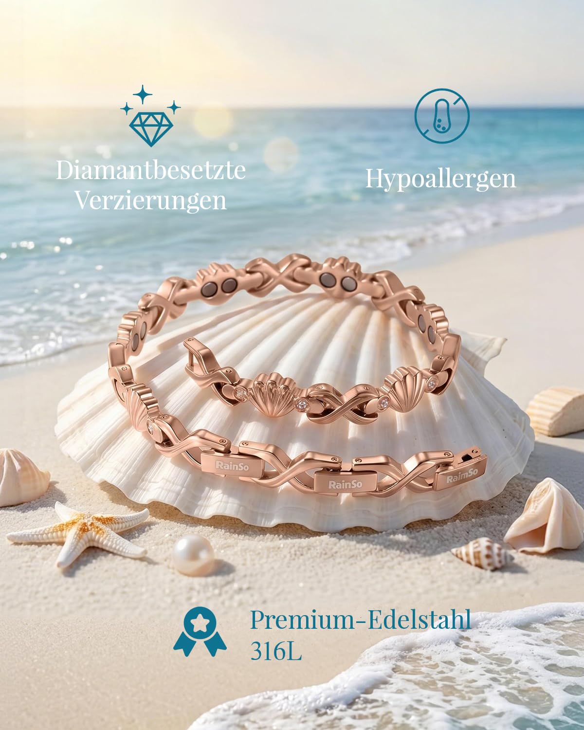 RainSo Bracelet magnétique pour femme en acier inoxydable, design coquillage avec incrustation de diamants, aimant puissant 3800 gauss, taille réglable, emballage cadeau élégant