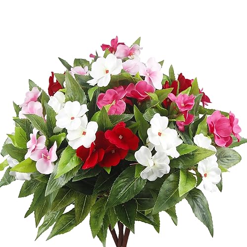 4 Pcs Artificial Impatiens Flowers for Outdoors Faux Impatiens Bushes