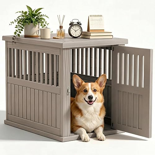 EFU Dog Crate Furniture, 30 Inch Indoor Dog Kennel, Decorative Pet House End Side Table, Durable Dog Cage for Small Medium Dogs to 45 lb, Grey