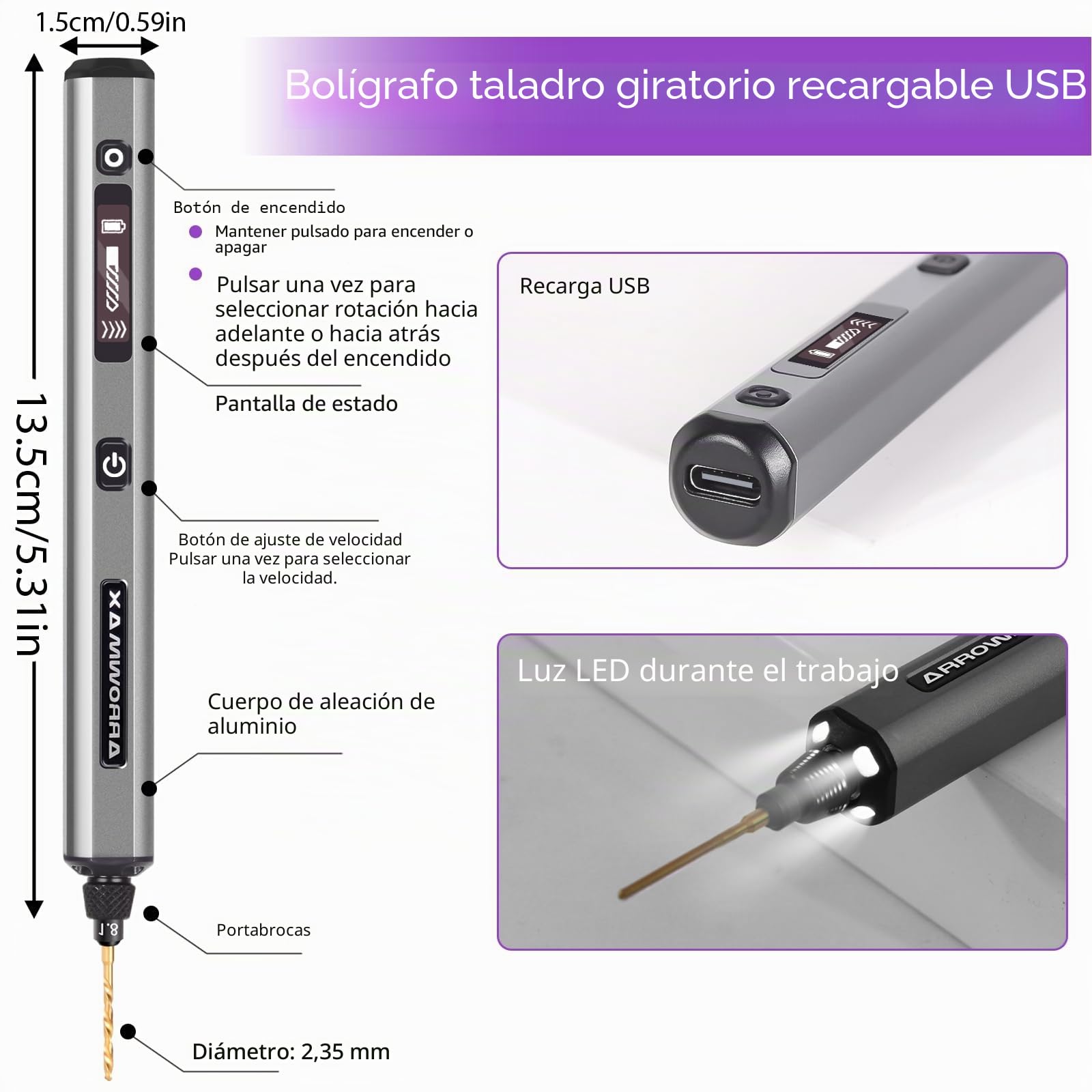 ARROWMAX Taladro eléctrico 5 velocidades prensa de mesa, 10 brocas pequeñas caja aluminio, luces LED, pantalla OLED, juego brocas resina joyería, plástico, madera