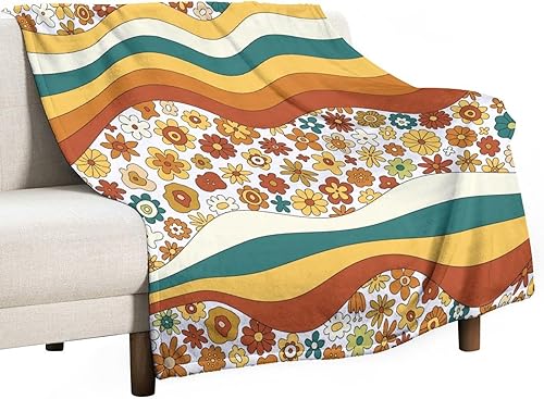 Miniatura 175 de Manta de tiro floral retro de los años 70, estilo bohemio, ondulado, geométrico, hippie, lindas flores, amarillo y naranja, manta con estampado