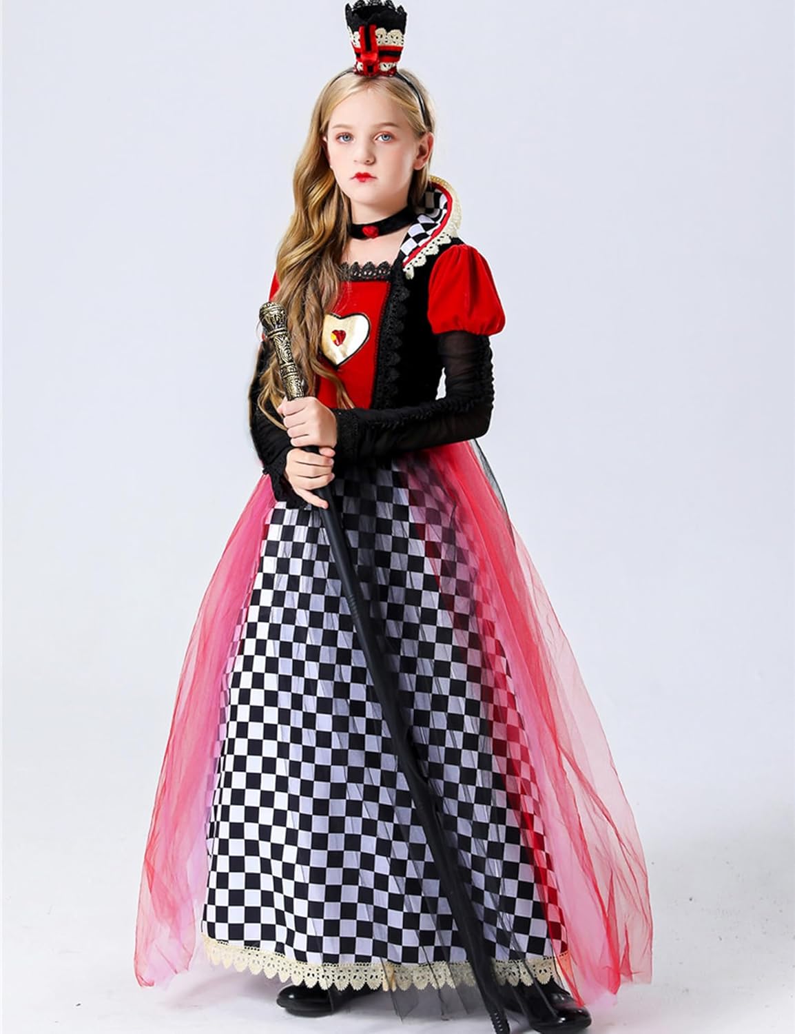 Queen of Hearts Costume Kids Wonderland Red Heart Queen Girls Halloween Costume Fancy Dress Outfit with Crown