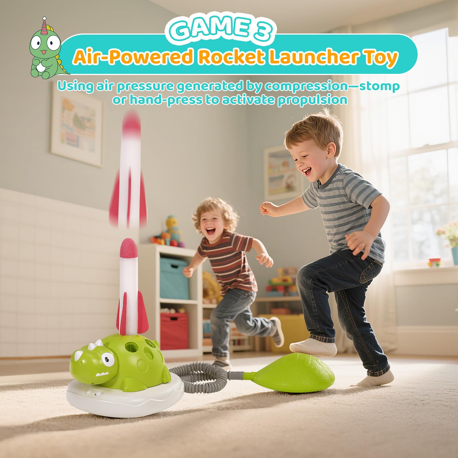 3 in 1 Musical Garden Jump Sportspielzeug, Outdoor Dinosaurier Kinder Launcher Sportspiel, Musical Jump, Ring Toss Game, Rocket Launcher Spielzeug für Kinder im Alter von 3-12 Jahre alt