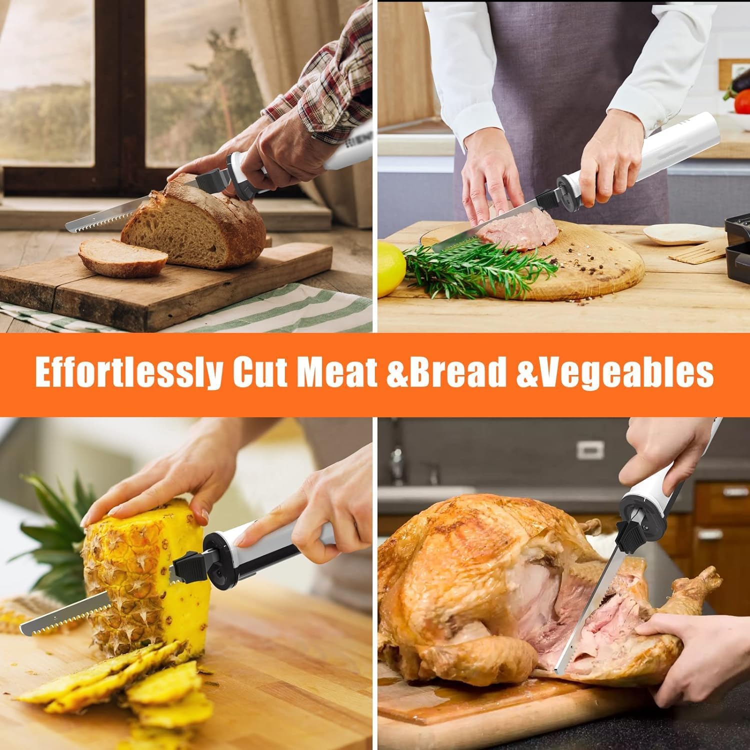 Cordless Electric Carving Knife, Electric Meat Carving Knife, with 2 Serrated 8” Stainless Steel Blades, Safety Lock, for Carving Bread,Turkey, Poultry, Crafting Foam