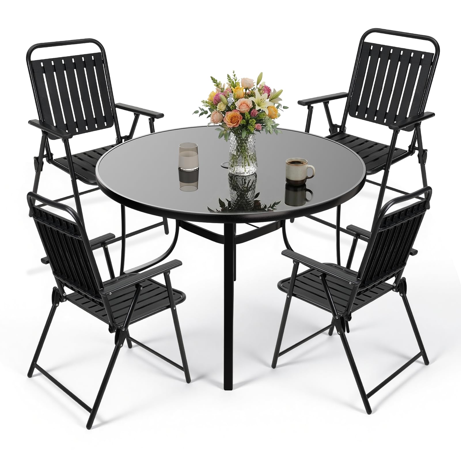 Warmiehomy Outdoor Dining Set of 4, 5 Piece Metal Garden Table and Chairs Set with Parasol Hole, Patio Garden Furniture Set with Foldable Chairs & Tempered Glass Top Round Table for Outdoor, Black