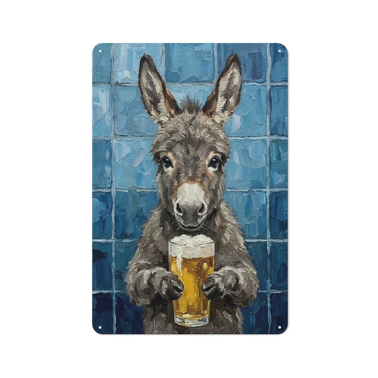 Donkey with Beer Painting Decorative Tin Sign 30x20cm, Old Fashioned Vintage Wall Decor for Lounge, Study, Pub Or Wall Gallery