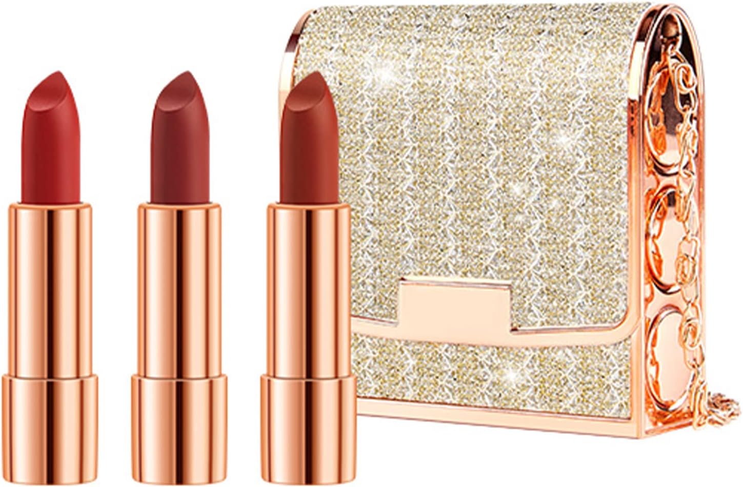 Matte Lipstick Set 3 Colors Lip Stick with Sliver Chain Bag Package Velvet Lip stick Set Waterproof Non-Stick Cup Long Lasting Retractable Red Lipstick Set 3.5gx3 Pcs
