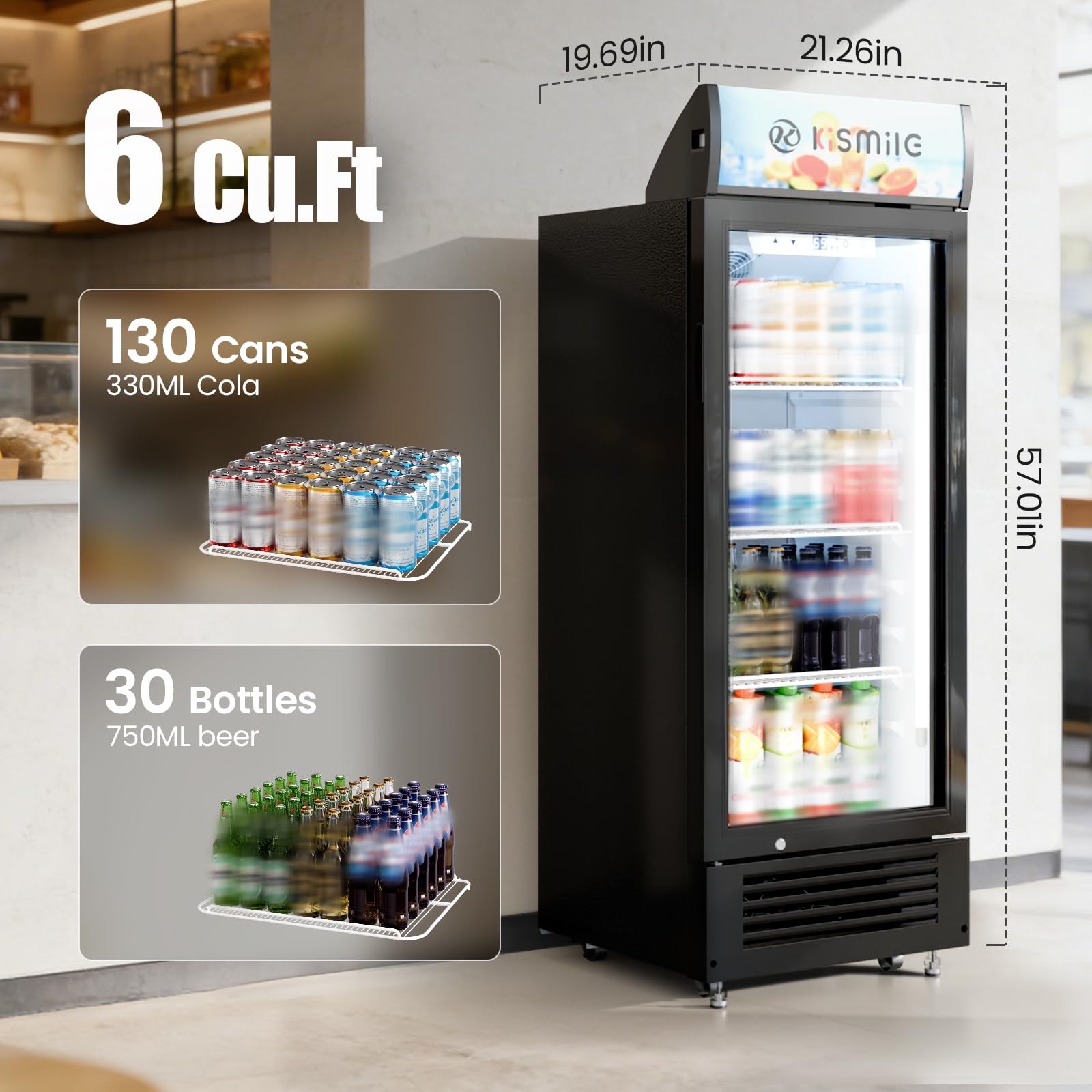Kismile 6 Cu.Ft Commercial Refrigerator with Customizable Lightbox, Outdoor Beverage Fridge with Wheels, Lock & Key, Adjustable Shelves, Double-Tempered Glass Cooler for Bar, Restaurant or Home on Fridge.com