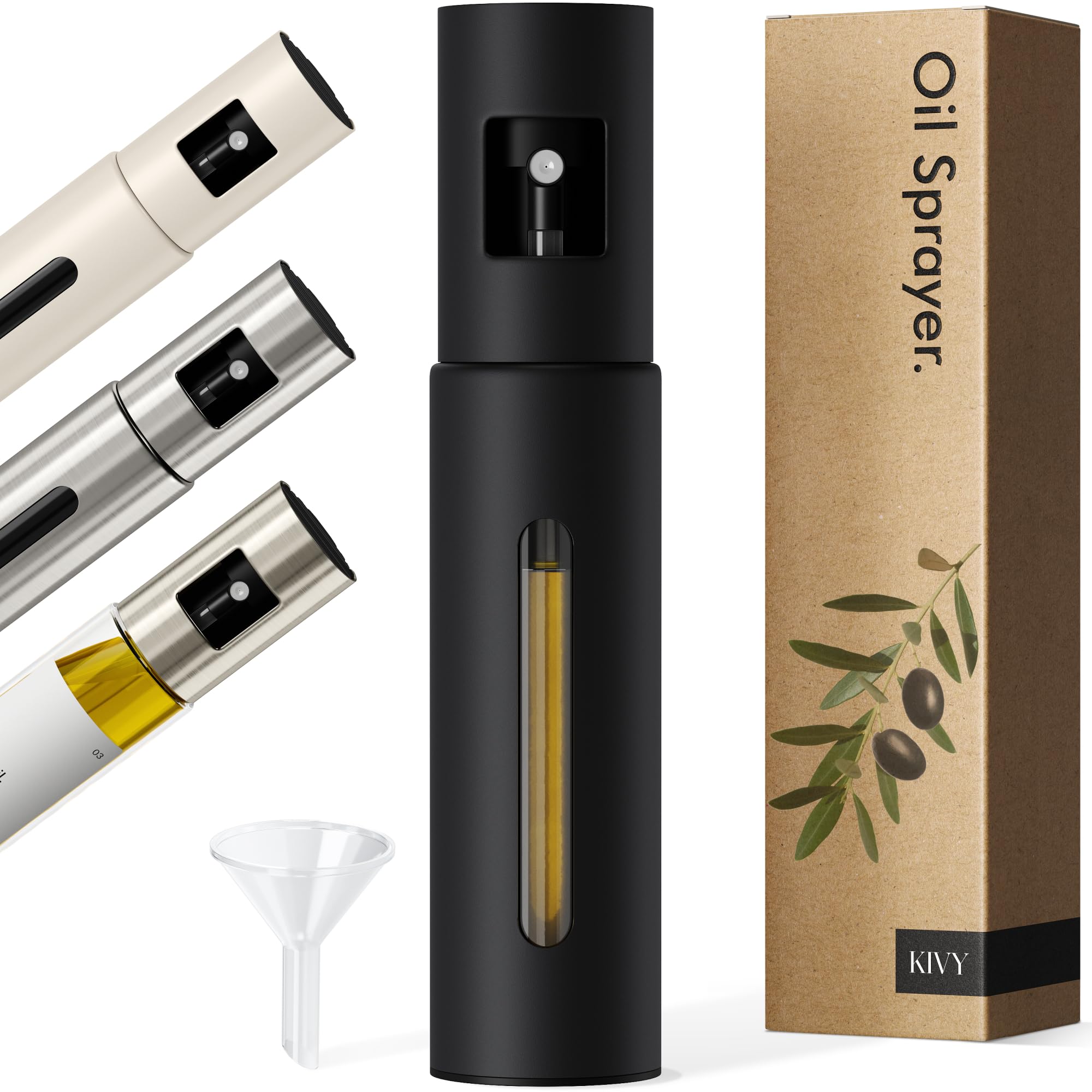 Kivy Black Matte Glass Oil Sprayer For Cooking– Precise Oil & Vinegar Spray Bottle Oil Mister Spray Bottle For Food – Includes Funnel – Perfect For Cooking & Air Fryer - Stainless Steel Sprayer