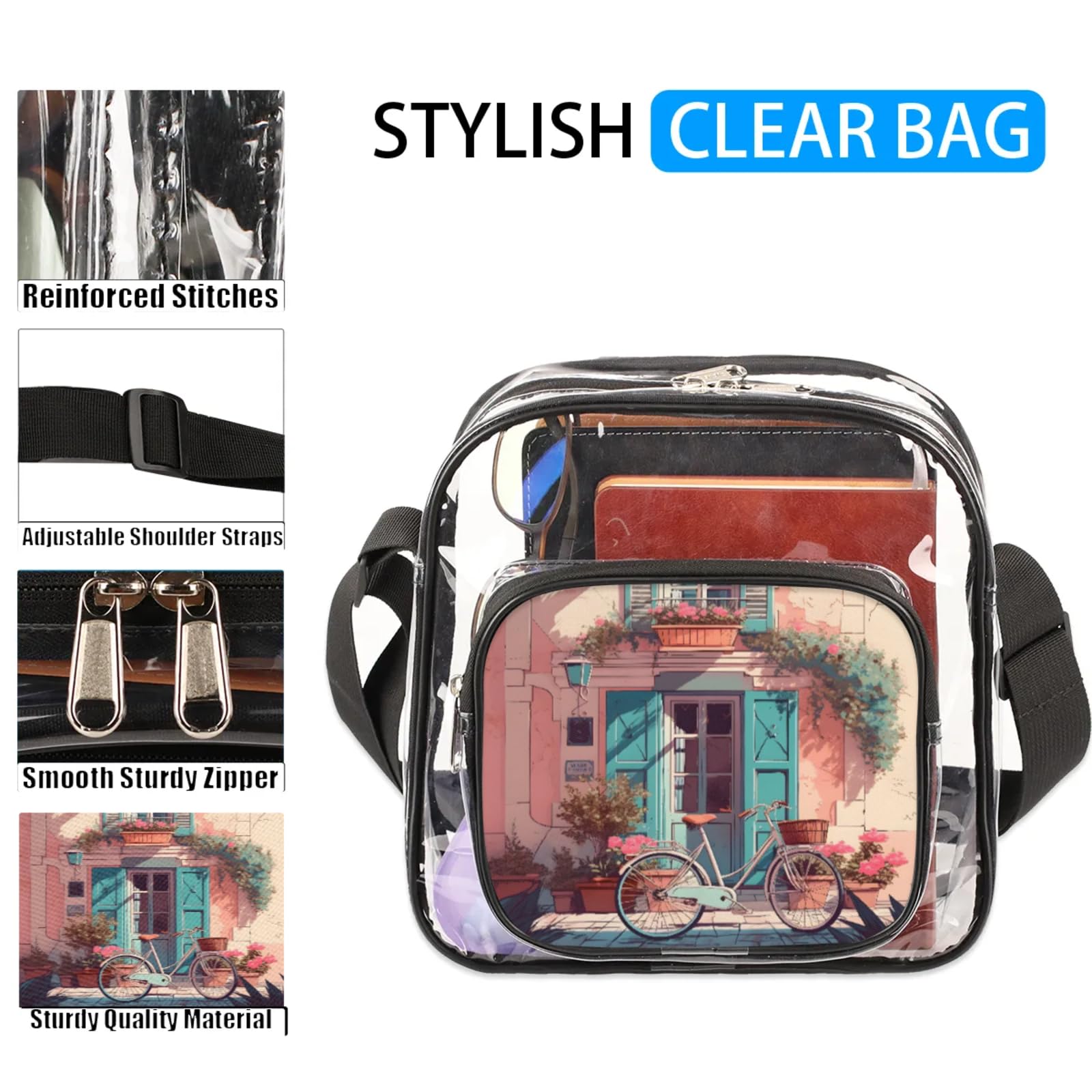 Clear Crossbody Bag Stadium Approved Landscape Biycle Transparent Bag for Festivals, Sports Events, Concerts,Beach Bag for Women Men Clear Purse with Front Pocket Messenger Bag with Adjustable Strap