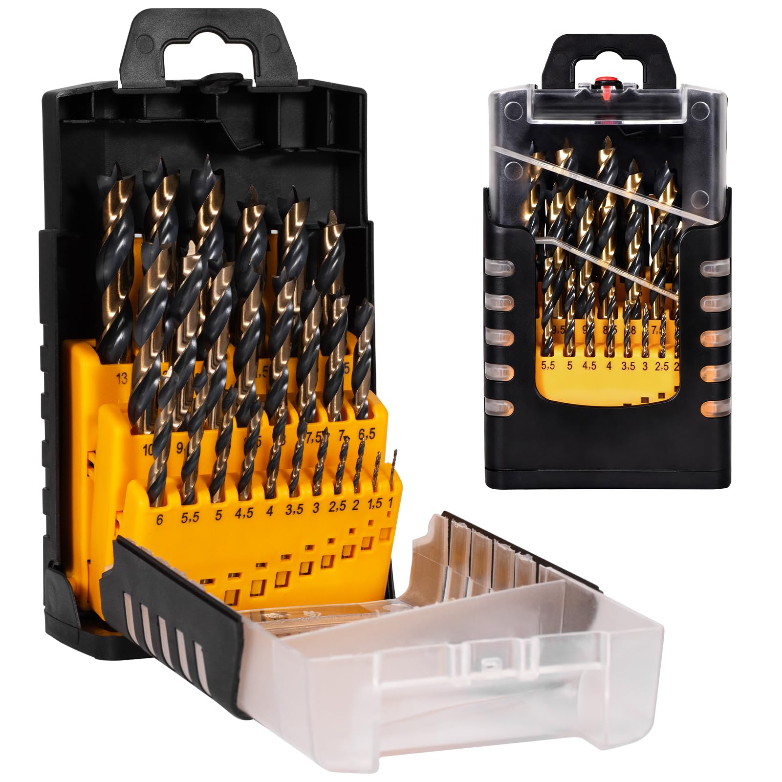Juego de Brocas para Madera 1-13 mm [Sostenido & Preciso], Professional Set de 25 brocas helicoidales HSS-G, Juego de Brocas para Agujeros Limpios, con Punta Brad-Point