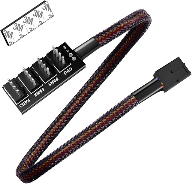 VANDESAIL PWM Fan Hub 4pin 3pin Fan Splitter CPU Black Sleeved Braided cooling 4 Way Fan Power Cable 15 Inch for 12V Computer Fans