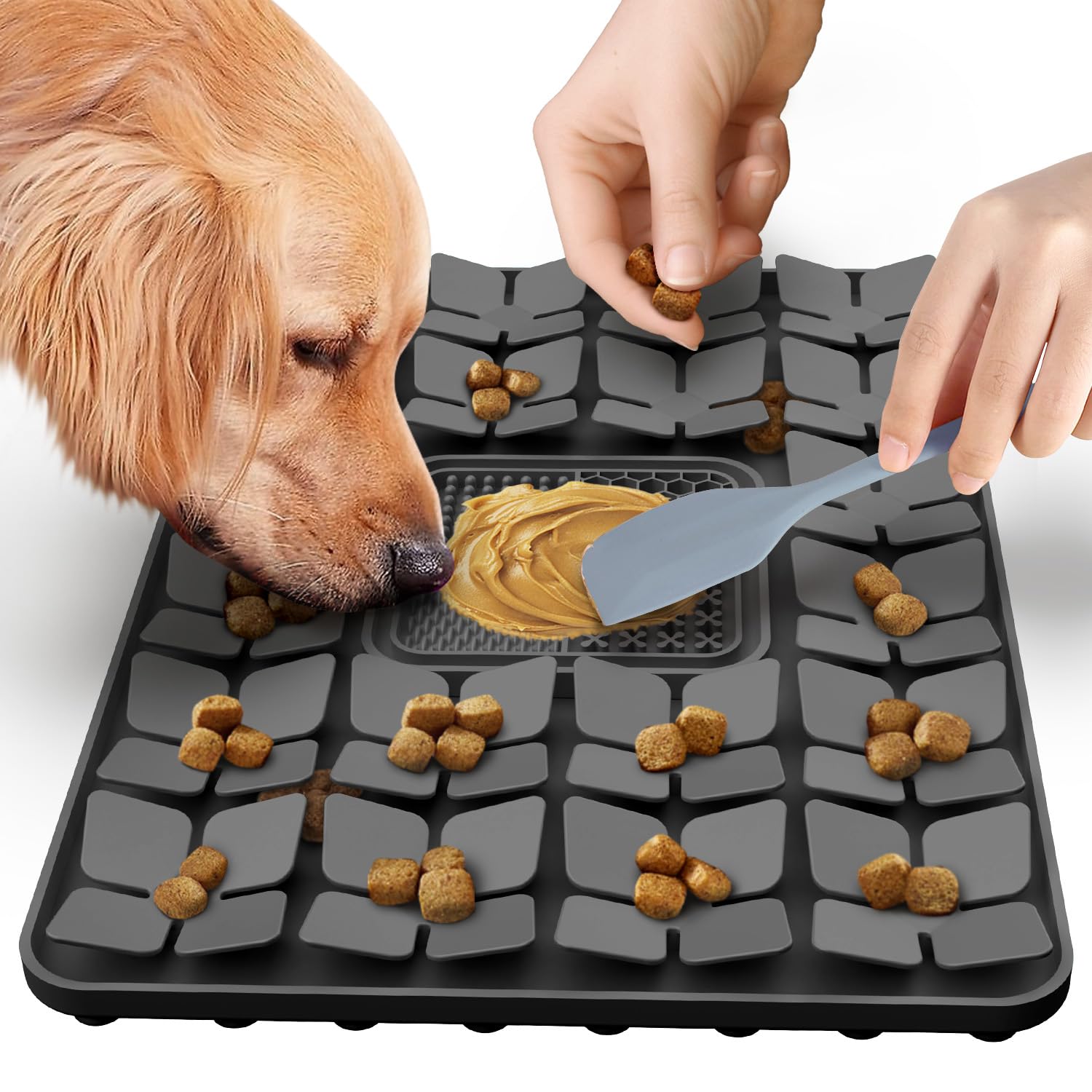 Xinzs Snuffle Mat for Dogs, Silicone 17" x 13" PDA Free 2 in 1 Dog Lick Mat, Durable Machine Washable Dog Slow Feed Food Mat with 106 Suction Cups and Spatula for Large Medium Small Breed Dogs - Grey