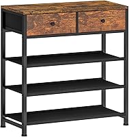 USIKEY 4 Tier Shoe Rack with 2 Drawers - Metal Organizer for 9-12 Pairs, Entryway Shelf with Fabric Shelves & Wooden Top, Rustic Brown