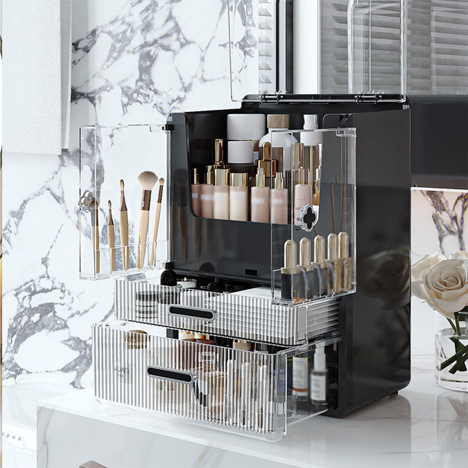 Organizador de Maquillaje Vanity Maquillaje Caja de Almacenamiento de cosméticos Cajones con Tapa de Doble Puerta Transparente Vitrinas portátiles Impermeables a Prueba de Polvo,Negro
