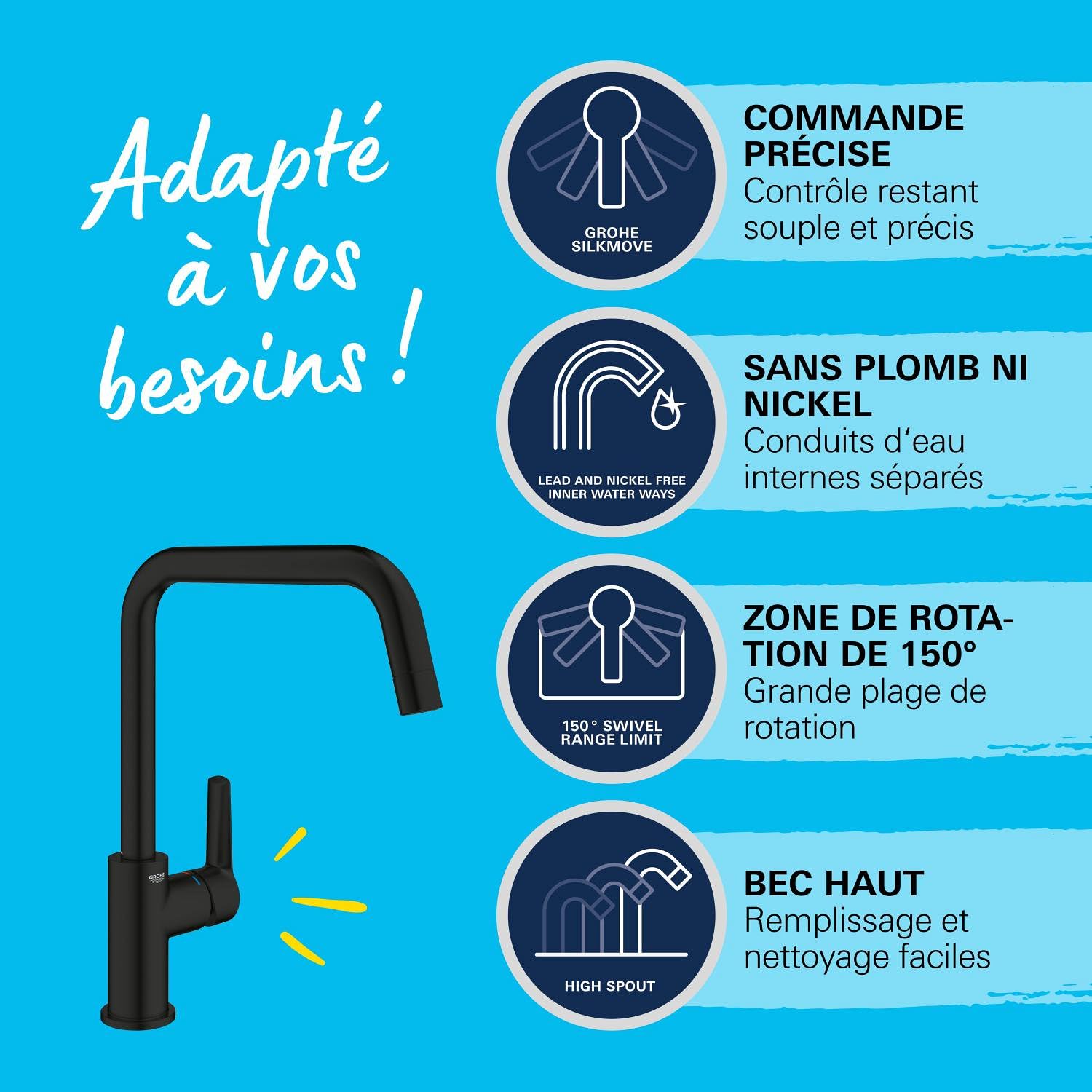 GROHE QUICKFIX Start Robinet de cuisine, Mitigeur Monocommande Evier, Bec Haut, Rotation 150°, Noir Mat, 304702430