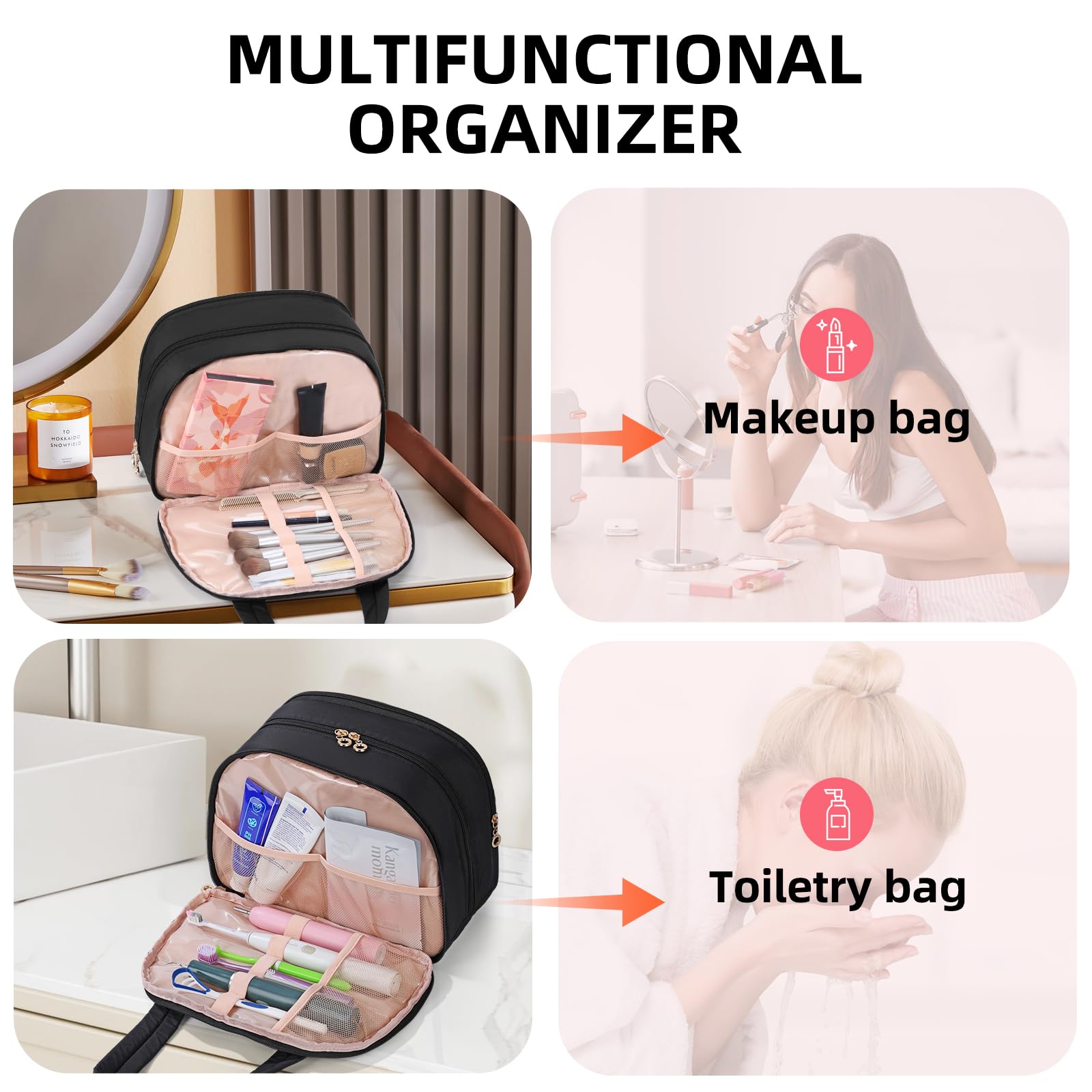 Neceser de Viaje para Mujer, Organizador de cosméticos, Estuche de Almacenamiento de Maquillaje, Negro -, K